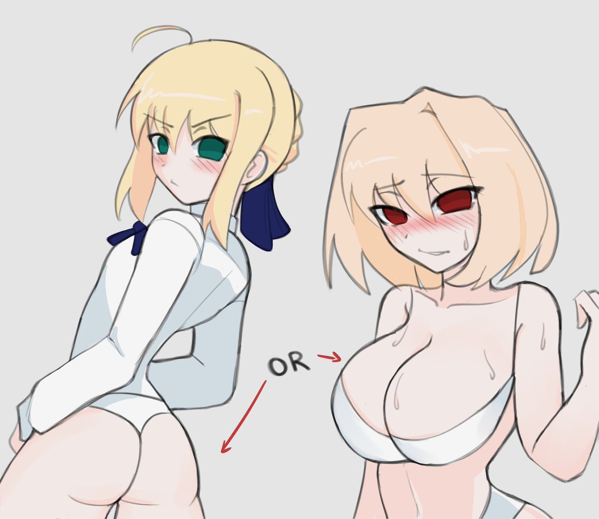 2girls, ahoge, arcueid brunestud, artoria pendragon, ass, blonde hair, blue bow, blue ribbon, blush, breasts, fate (series), fate/stay night, female, green eyes, hairbow, horny, horny female, huge breasts, large breasts, looking at viewer, looking back, melty blood, panties, red eyes, saber, short hair, smile, sugoiiii , sweat, top heavy, tsukihime, turning head, white panties, white shirt