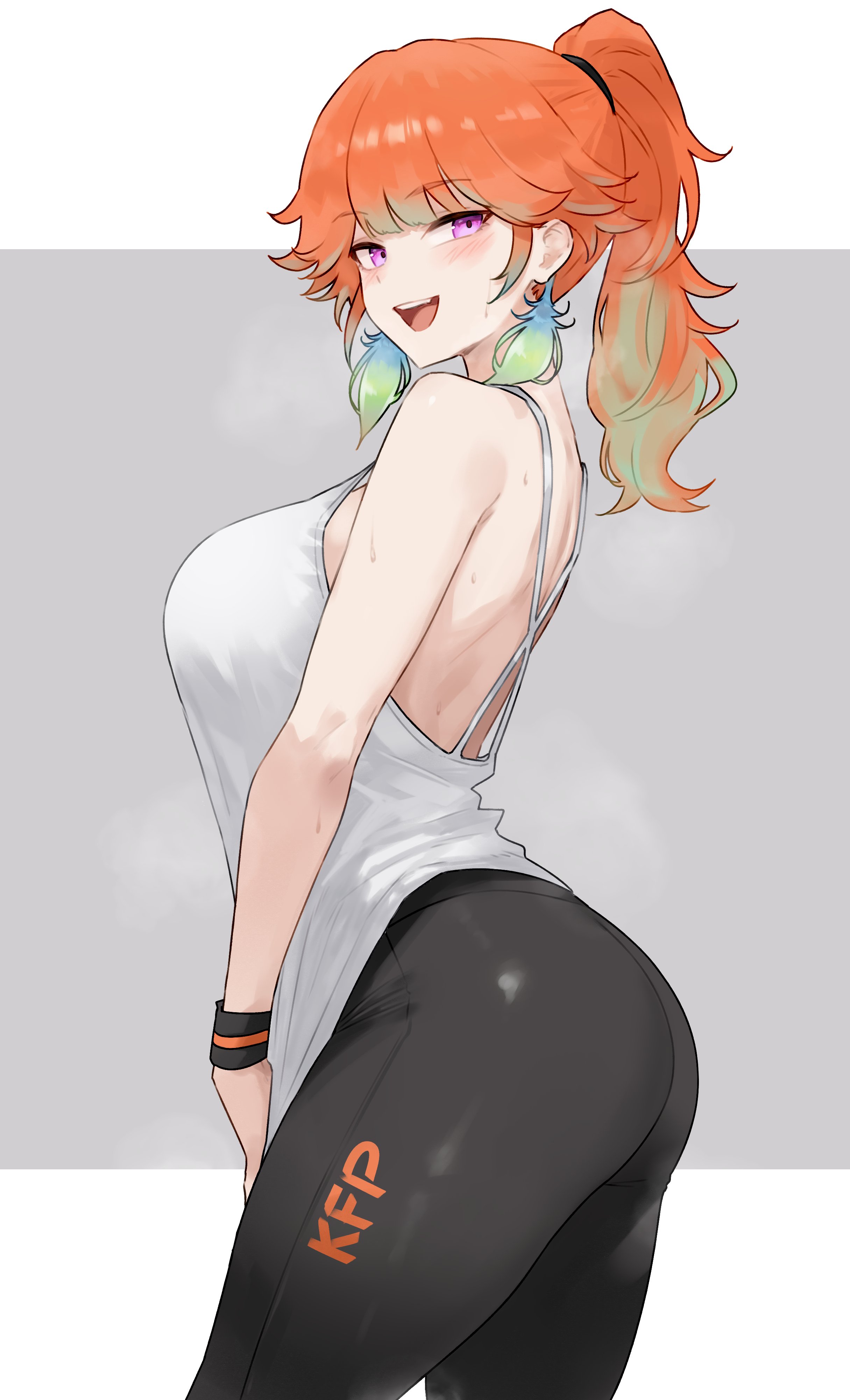 1girls, ass, bluefield, breasts, female, gym clothes, hololive, hololive english, hololive myth, large breasts, looking at viewer, loose clothes, orange hair, pants, ponytail, purple eyes, seductive look, solo, sweat, sweaty, takanashi kiara, teasing, tight clothing, tight pants, virtual youtuber, workout clothes, yoga pants
