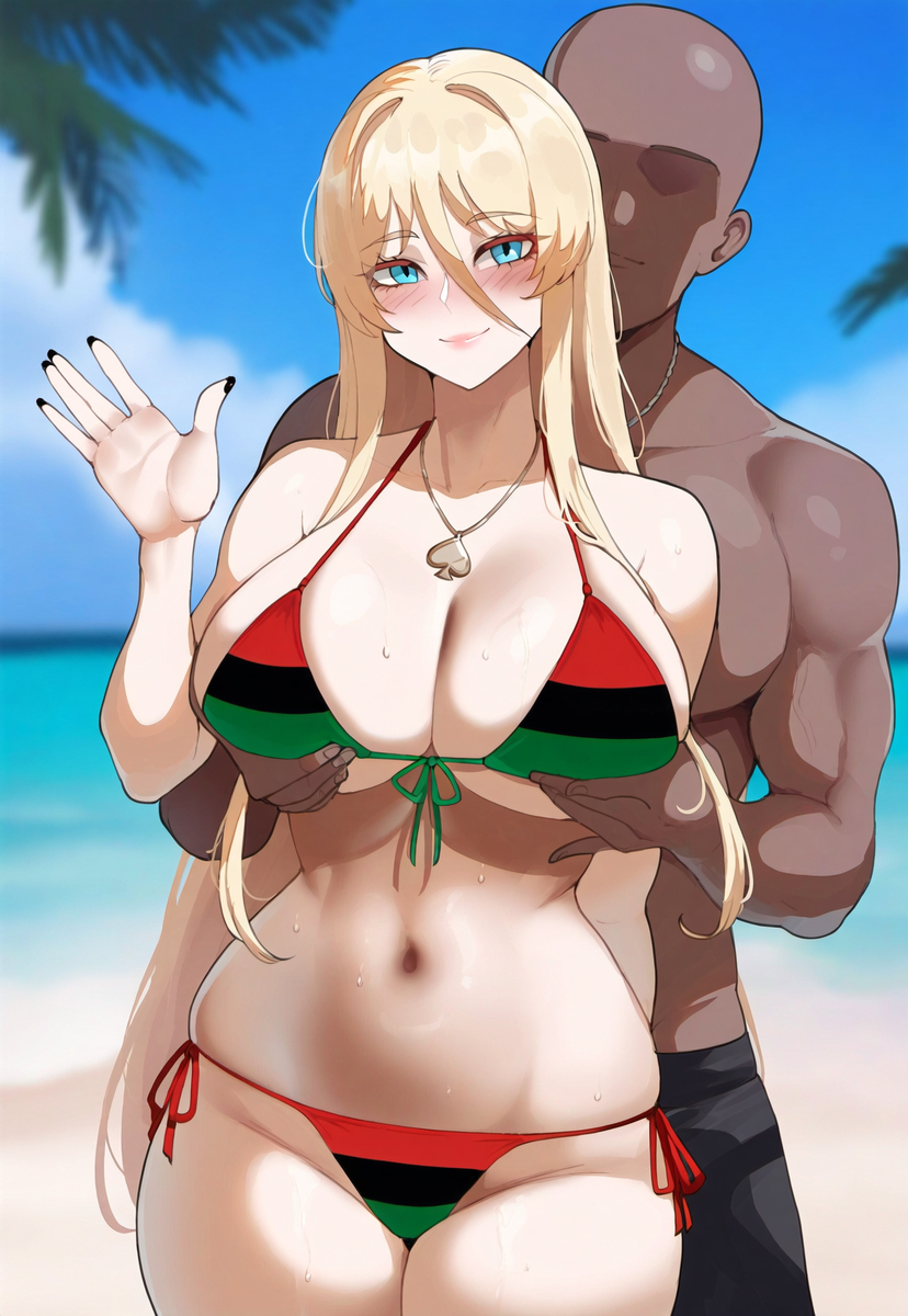 ai generated, azur lane, big breasts, bikini, bismarck (azur lane), blonde hair, blue eyes, breasts, dark skin, dark-skinned male, female, gooner4lt, light skin, light-skinned female, male, pan-african flag bikini