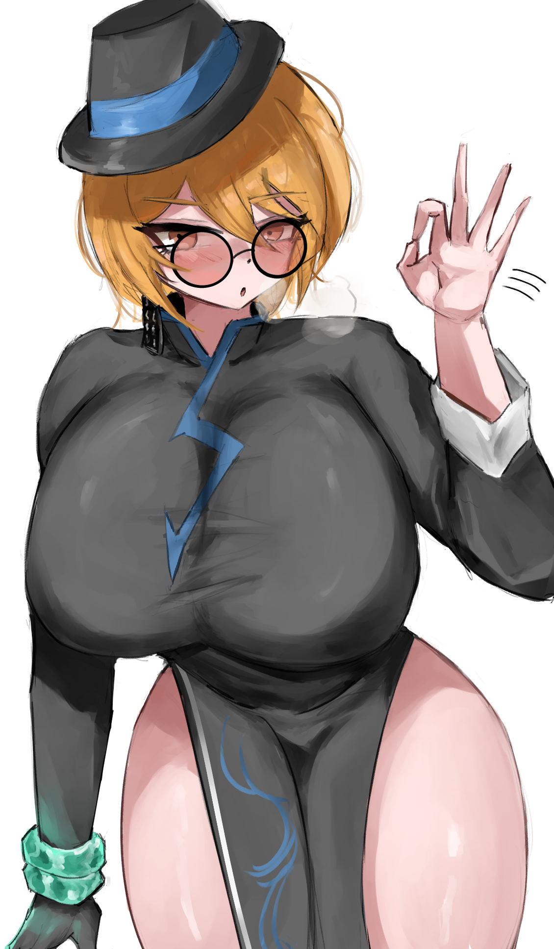 :o, 1girls, blush, bracelet, breasts, busty, chinese clothes, cinq association (identity) (project moon), don quixote (limbus company), earrings, eyewear, fellatio gesture, female, female only, gesture, hat, headwear, huge breasts, limbus company, looking at viewer, no panties, open mouth, project moon, qipao, short hair, solo, thick thighs, tinted eyewear, visible breath, wide hips, www1 (artist)