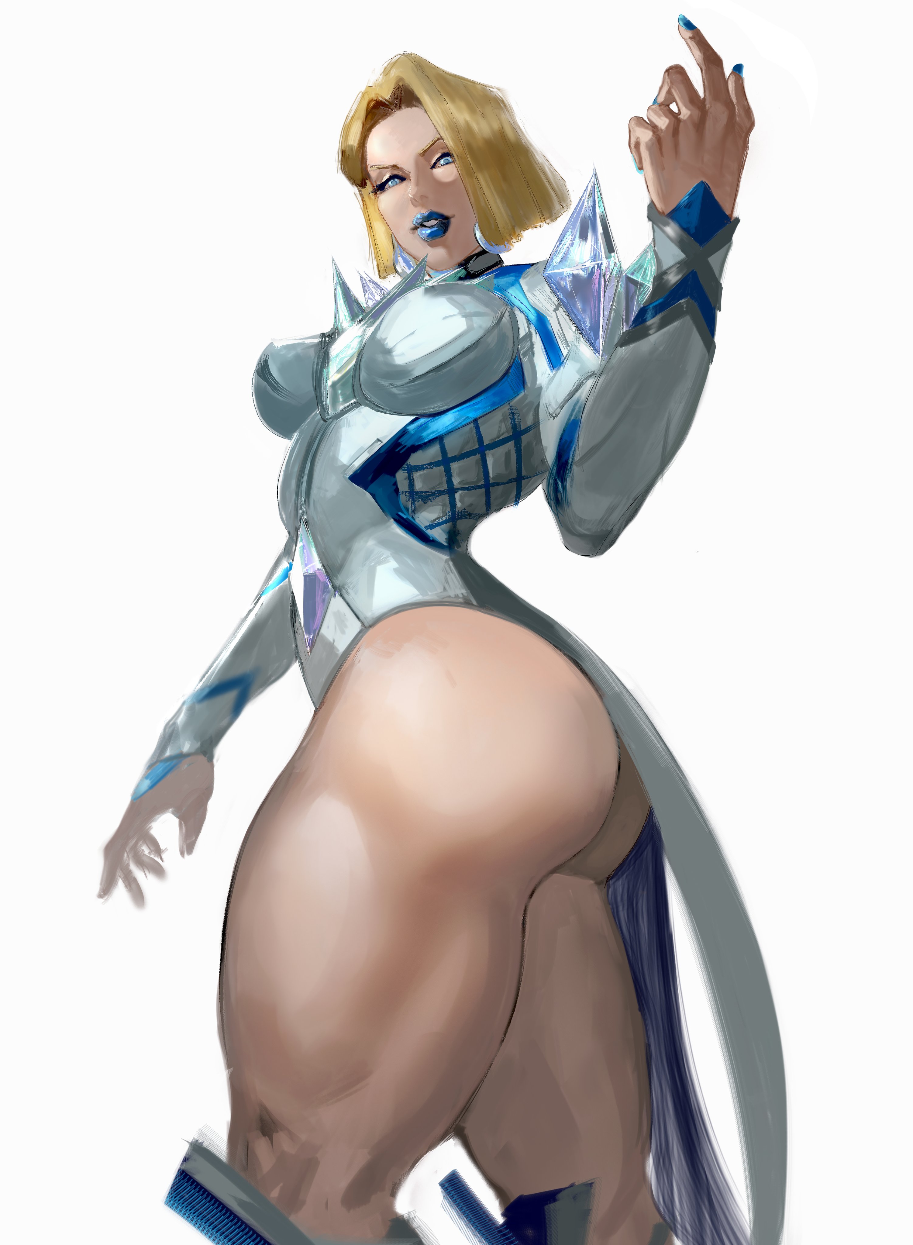 1girls, absurd res, ass, blonde female, blonde hair, blue lipstick, blue nails, bob cut, breasts, cleavage, emma frost, emma frost (marvel rivals), female, female focus, female only, hi res, large ass, large breasts, light skin, light-skinned female, looking at viewer, marvel, marvel comics, marvel rivals, mashingvaquita, solo, thick thighs, thighs, wide hips