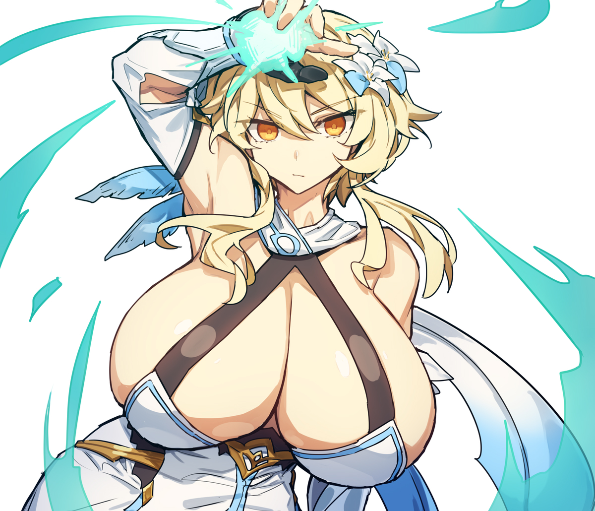 1girls, big breasts, breasts, busty, curvy, female, female only, genshin impact, gigantic breasts, huge breasts, large breasts, lumine (genshin impact), massive breasts, melon22, short hair, solo, yellow hair