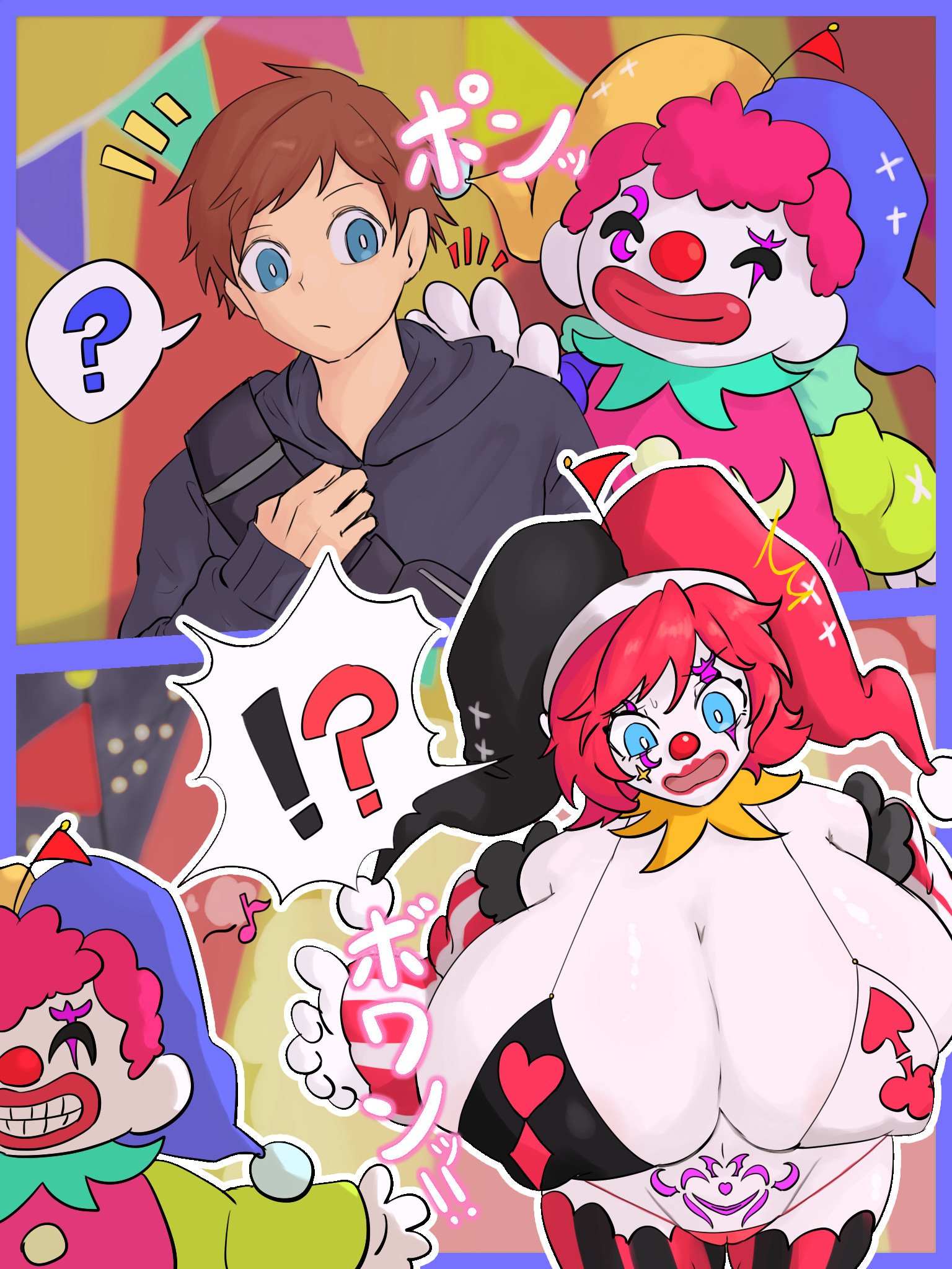 ass, before and after, breasts, clown, clown girl, clownification, female, gender transformation, hair color change, hair growth, large ass, large breasts, mtf transformation, takekono er, transformation