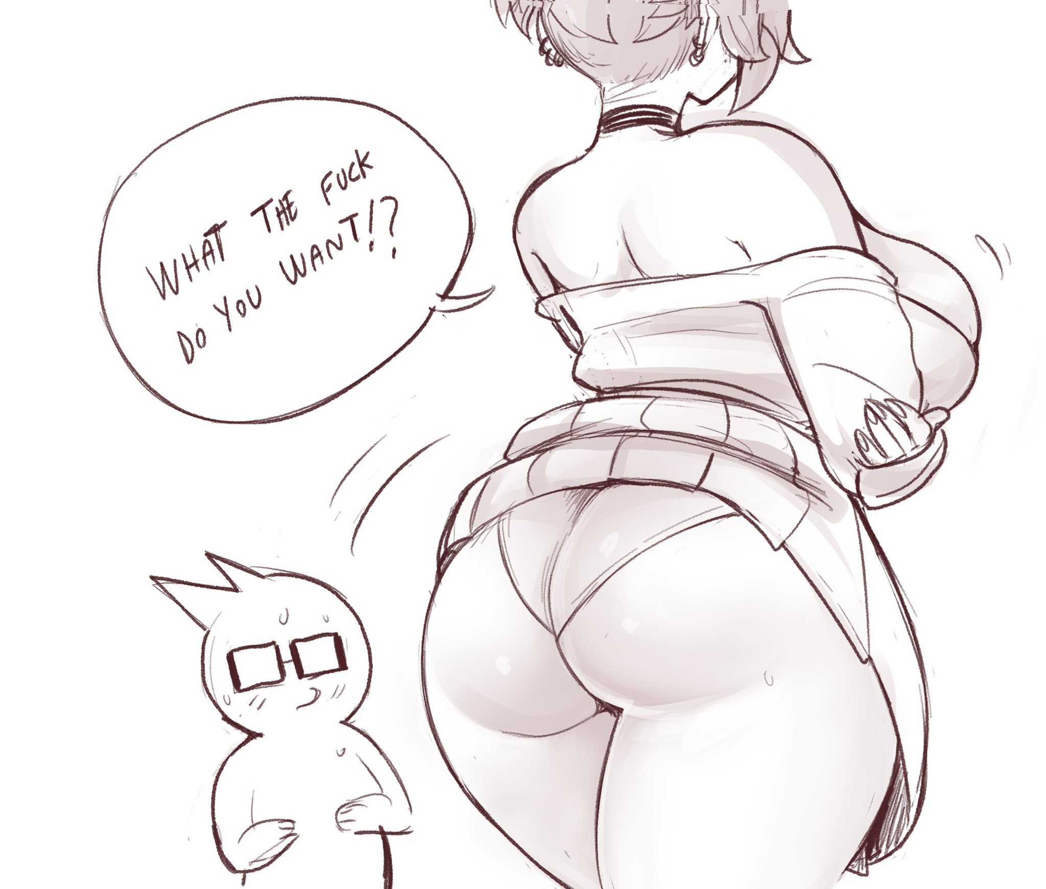 1boy, 1girls, arms crossed, ass, aunt, aunt and nephew, aunt hellen (insouwu), big ass, big breasts, big butt, breasts, female, implied incest, insouwu, male, massive ass, massive breasts, massive butt, mature, mature female, n-ronin, no bra, oc, original character, piercing, short hair, skirt, skirt up, sweat, text, thick, thick thighs, tomboy milf
