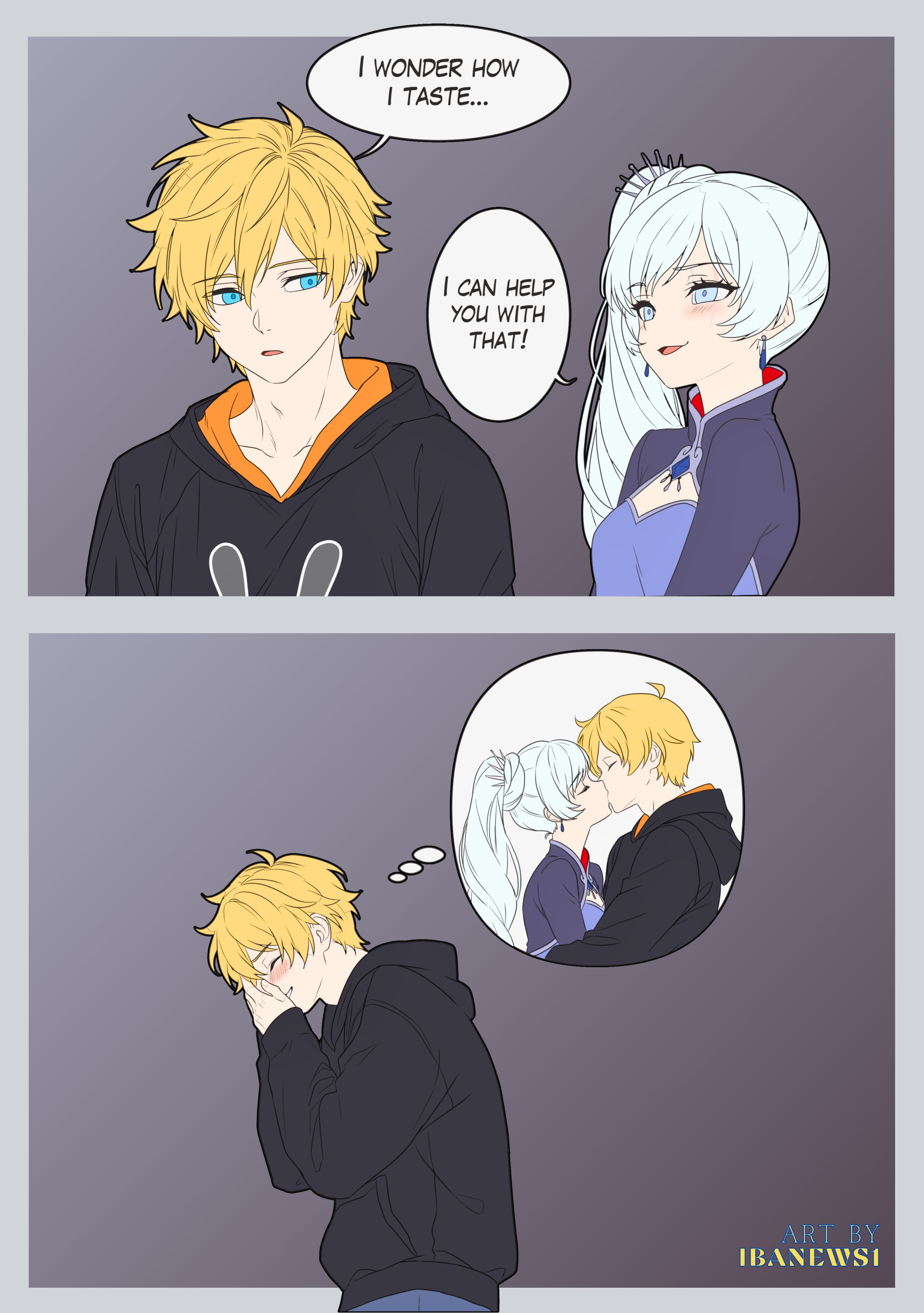 1boy, 1girls, 2025, blue eyes, comic, comic page, english text, female, ibanews1, jaune arc, long hair, male, ponytail, rwby, side ponytail, tagme, text, weiss schnee, white hair, wholesome