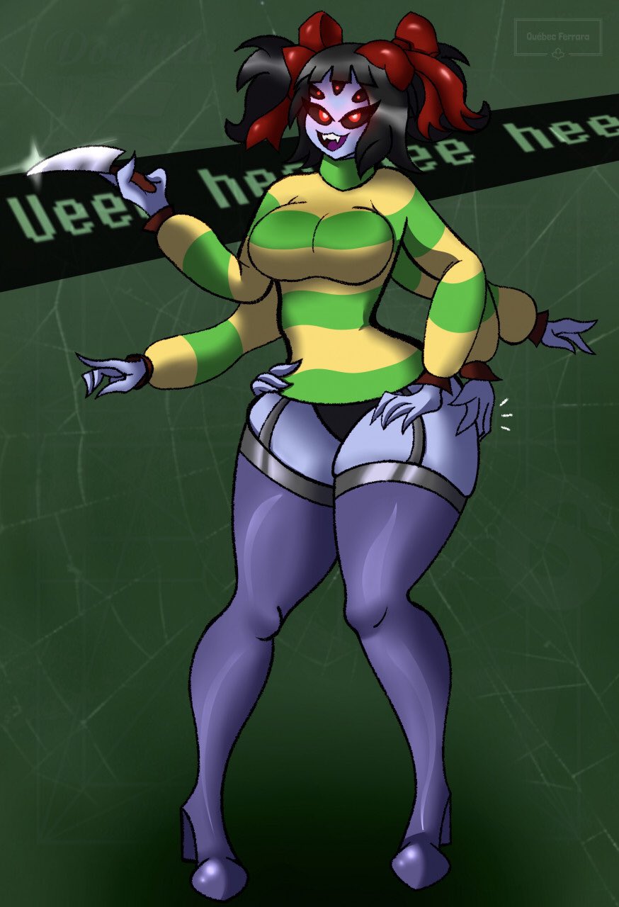 1girls 2022 5_eyes big_breasts black_panties breasts chara clothed english_text female fusion high_heels knife looking_at_viewer monster_girl mtvoomer muffet panties ribbon spider_girl spider_web stockings thick_thighs undertale undertale_(series)