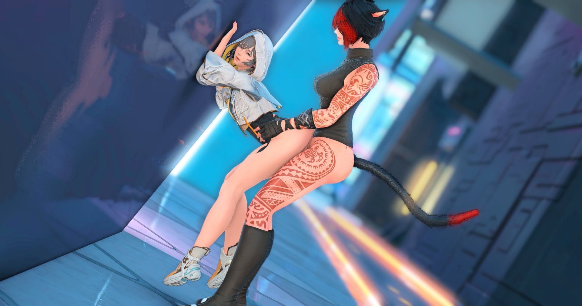 1futa, 1girls, 3d, against wall, ass, bent over, bottomless, cat girl, cat tail, catgirl, dangling legs, feet off ground, female, final fantasy, final fantasy xiv, futa on female, futanari, hi res, holding waist, hoodie, hyur, intersex, lifted by another, lifting partner, lifting person, miqo'te, partially clothed, public sex, pussy, queen sphene, reflective surface, royalty, sex from behind, tattoos, tmifromdoma, vaginal penetration