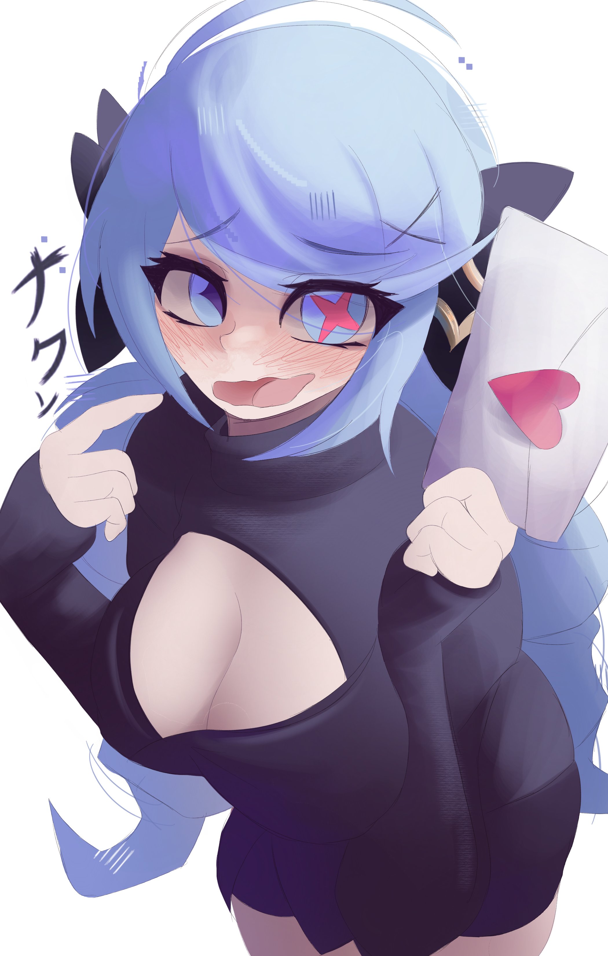 1girls, black sweater, black turtleneck, black turtleneck sweater, blue eyes, blue hair, blush, breasts, cleavage, cleavage cutout, envelope, female, gwen (league of legends), holding envelope, large breasts, league of legends, letter, long sleeves, looking at viewer, love letter, naxless, open mouth, shy, simple background, solo, solo female, solo focus, sweater, tongue, translation request, turtleneck, turtleneck sweater, two-tone pupils, white background