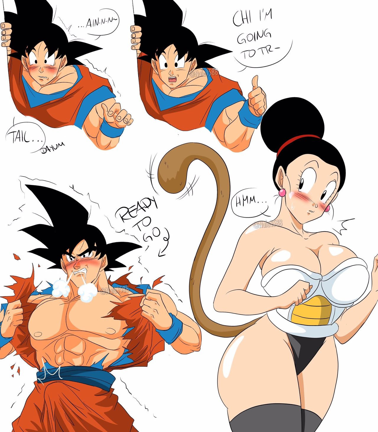 2d, breasts, canon couple, chichi, chichi (majin buu saga), dragon ball, dragon ball super, dragon ball z, excited, female, full color, fully clothed, goku, husband and wife, male, milf, nala1588, no penetration, son goku, text