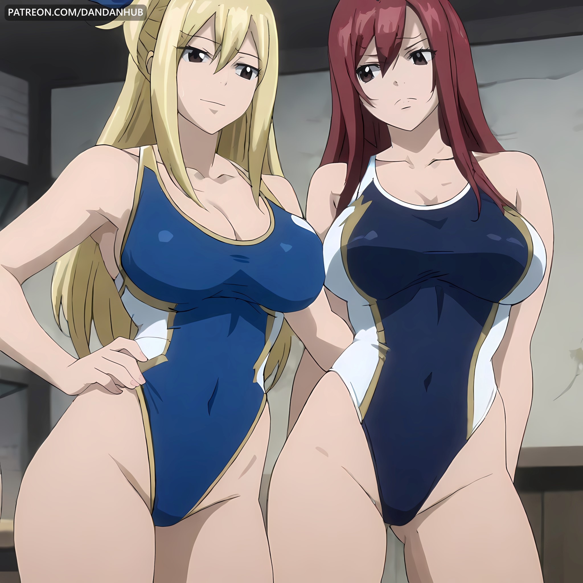 2girls, ai generated, blonde hair, blonde-haired female, blue one-piece swimsuit, breasts, brown eyes, cleavage, collarbone, competition swimsuit, covered navel, dandanhub, erza scarlet, fairy tail, female, female only, hair between eyes, hand on hip, highleg, highleg swimsuit, indoors, large breasts, long hair, looking at another, lucy heartfilia, multiple females, multiple girls, one-piece swimsuit, red hair, red-haired female, swimsuit, watermark