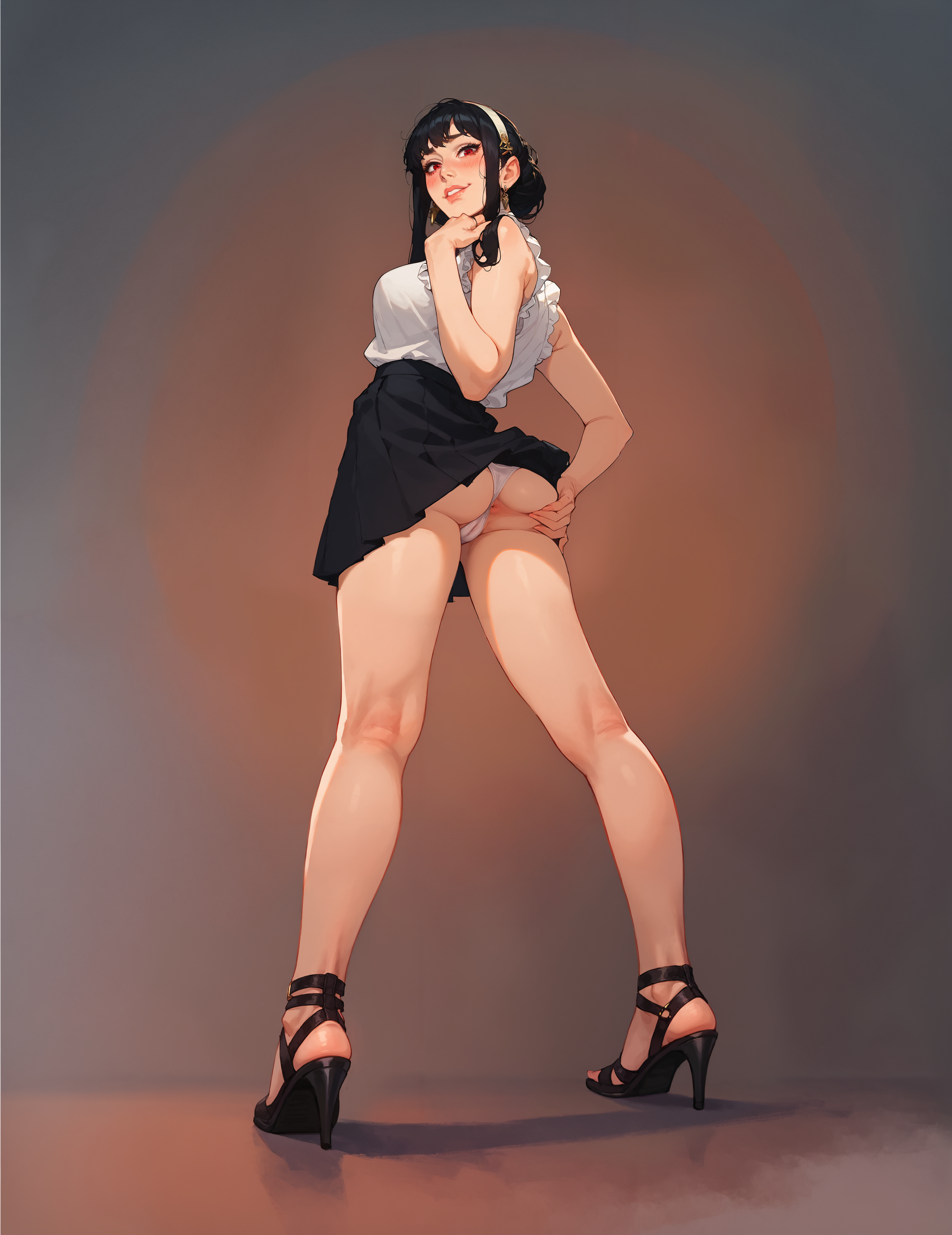 1girls, ai generated, anus, black hair, clothing, female, grabbing own ass, playfulslothh, red eyes, seductive eyes, seductive look, seductive mouth, seductive pose, seductive smile, shoes, skirt lift, spy x family, yor briar