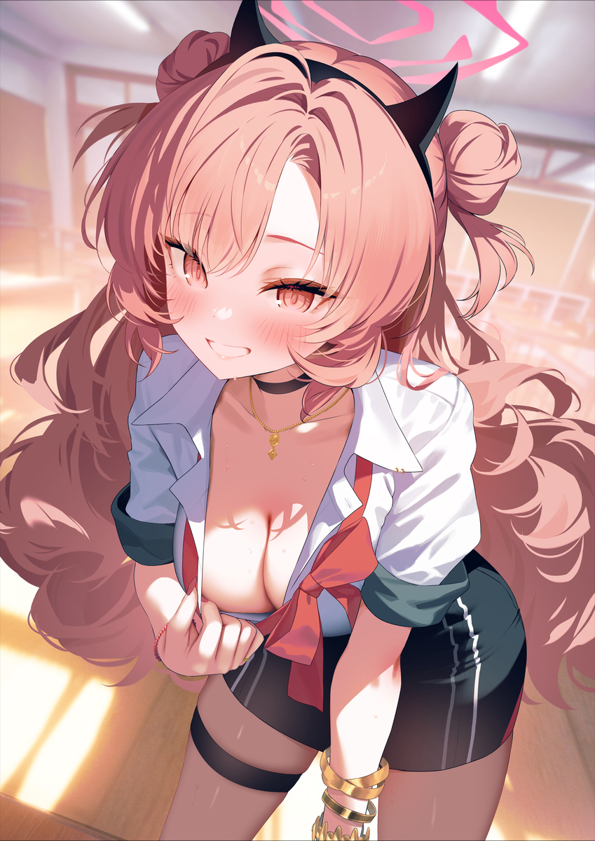 black_hairband black_horns black_skirt blue_archive blurry blurry_background blush bracelet breasts cleavage collared_shirt commentary_request double_bun fake_horns female fingernails gold_bracelet grin hair_bun hairband halo highres horns indoors jewelry kirara_(blue_archive) long_hair looking_at_viewer loose_neck_ribbon medium_breasts mintice_(asatsukimint) nail_polish neck_ribbon necklace pencil_skirt pink_eyes pink_hair pink_halo red_nails red_ribbon ribbon shirt skirt smile solo sweat thighs white_shirt