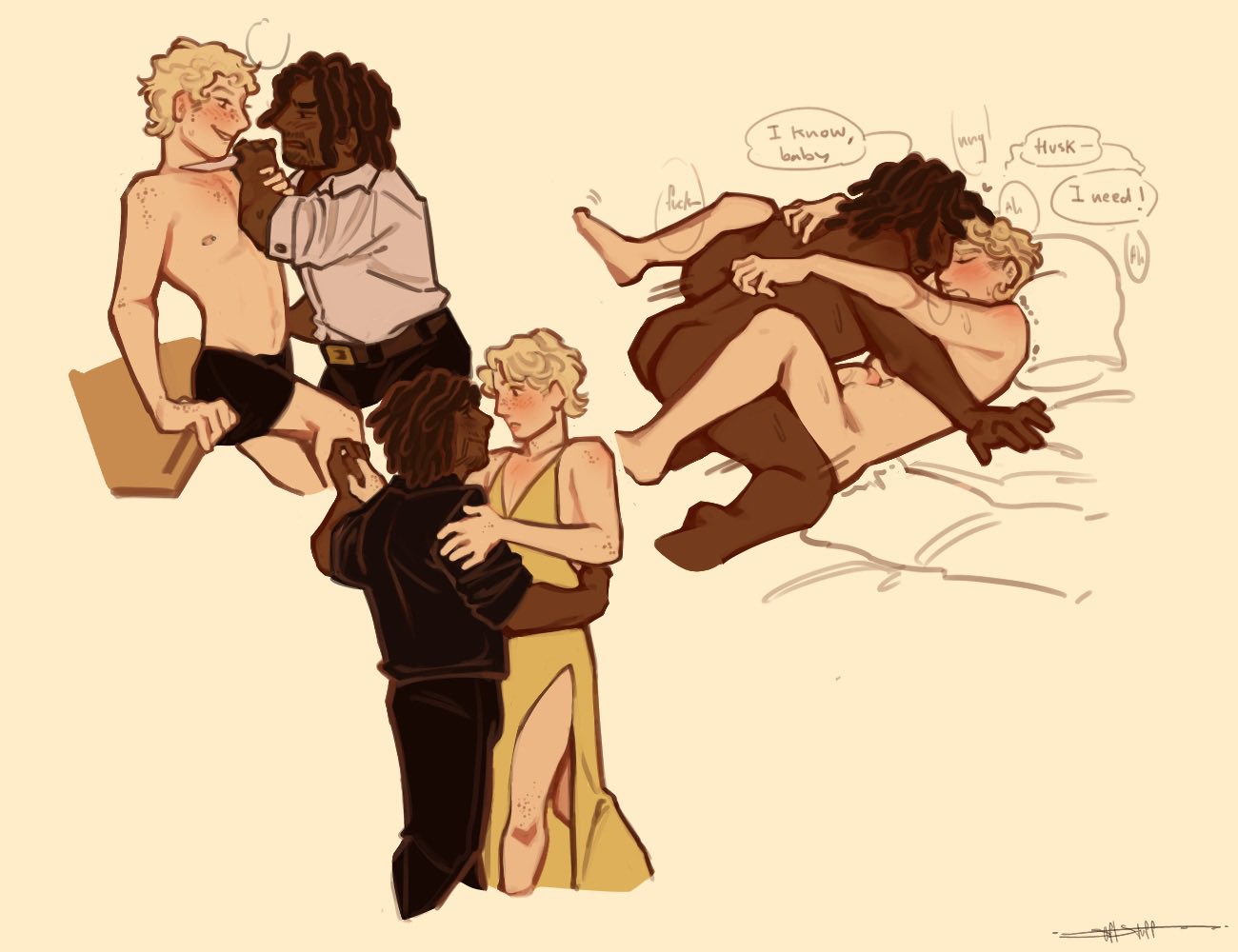 angel dust (hazbin hotel), blonde, blonde hair, dancing, dark skin, dark-skinned male, feminine male, gay, gay sex, hazbin hotel, human, humanization, humanized, husk (hazbin hotel), knife, light skin, light-skinned male, male, male/male, submissive, submissive male, tagme