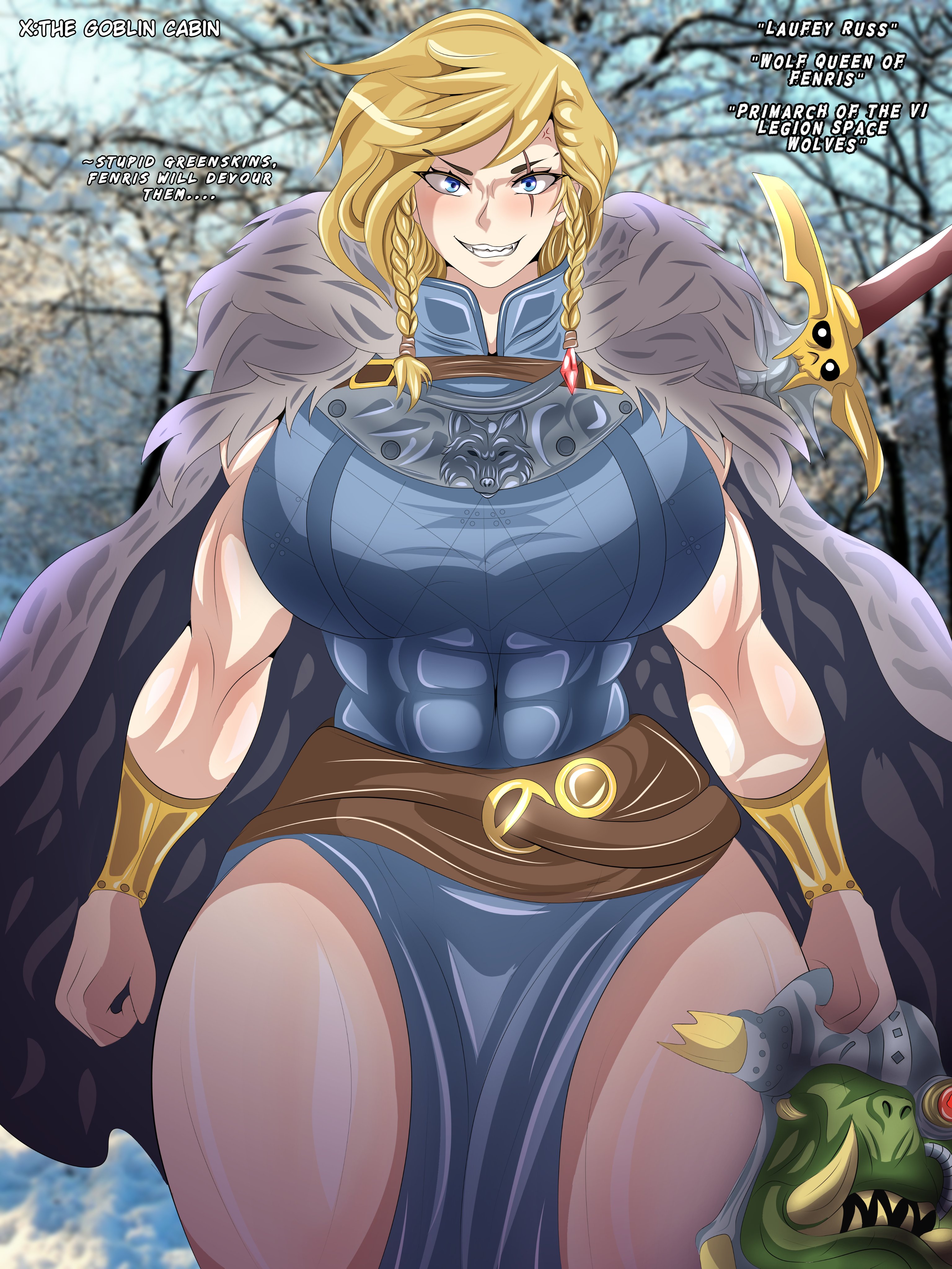 1girls, 2d, armor, breasts, female, huge breasts, imperium of man, leman russ, post-human, primarch, rule 63, sword, the goblin cabin (mclovintrue), warhammer (franchise), warhammer 40k