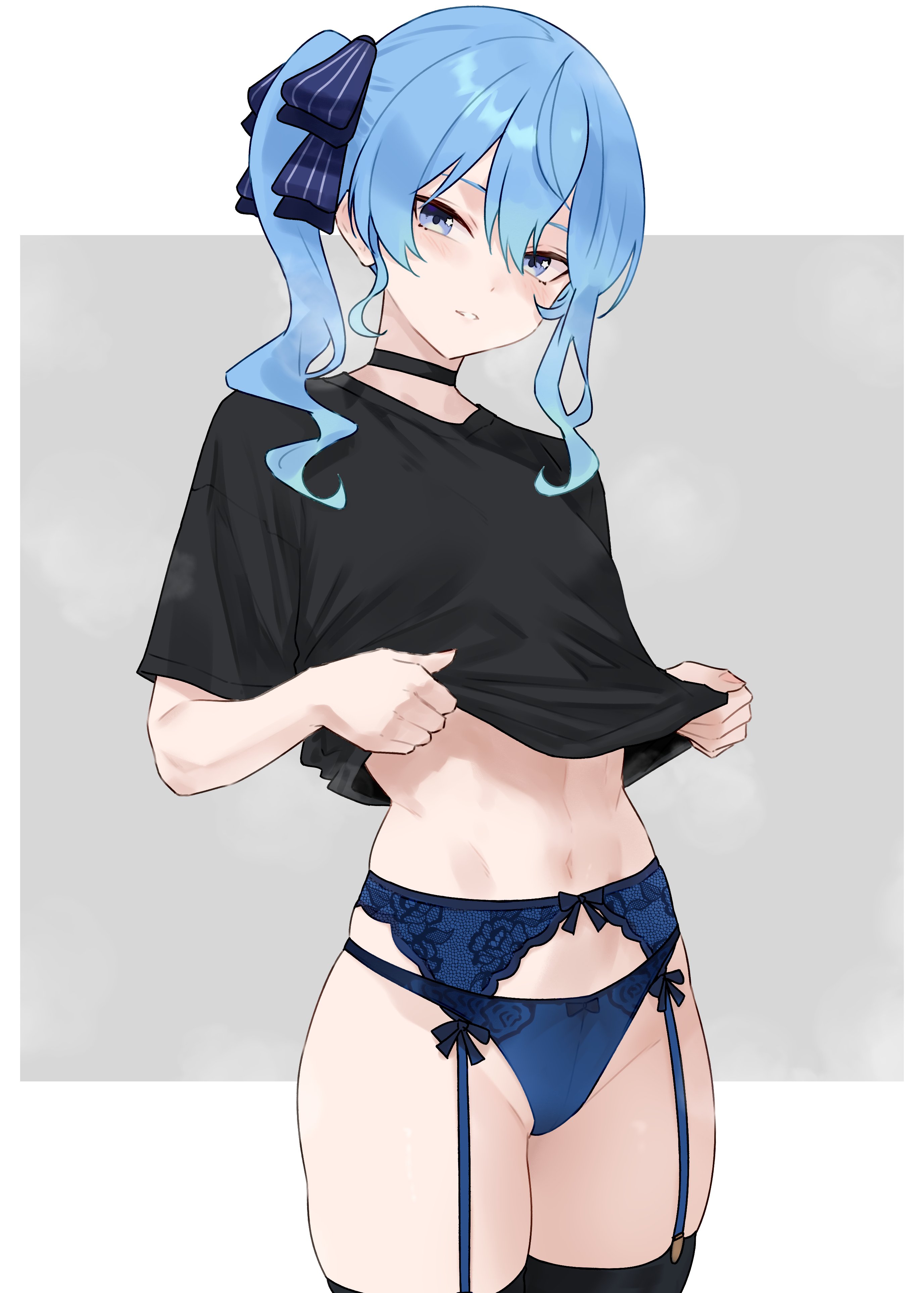 1girls, blue eyes, blue hair, bluefield, breasts, female, hololive, hololive gen 0, hololive japan, hoshimachi suisei, lingerie, looking at viewer, panties, ribbon, shirt, shirt lift, small breasts, solo, t-shirt, thighs, underwear, virtual youtuber