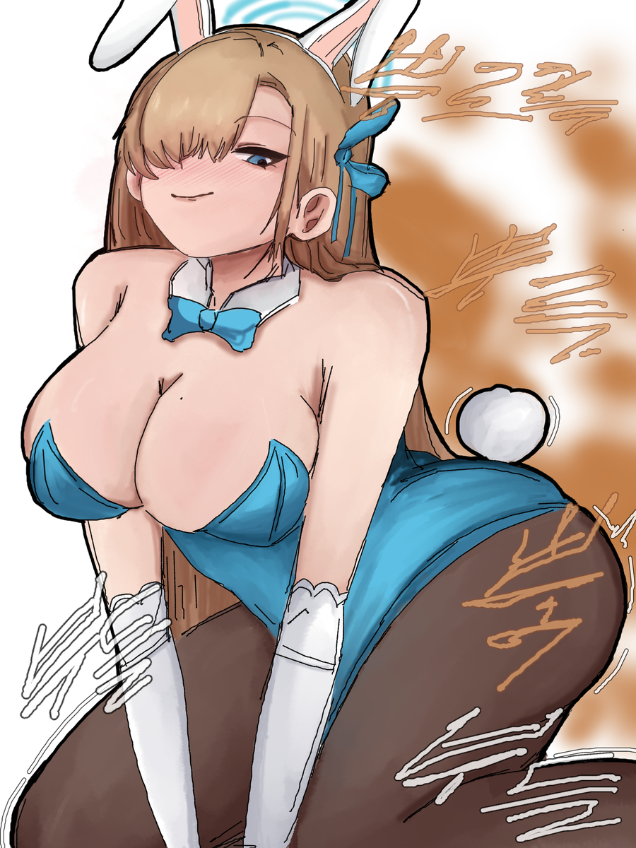 1girls, asuna (blue archive), asuna (bunny girl) (blue archive), asuna (bunny) (blue archive), big breasts, blue archive, breasts, brown gas, bunny ears, bunnysuit, cleavage, fart, fart cloud, female, female only, hair over one eye, large breasts, playboy bunny, rolingstones, smell, solo, stinky fart