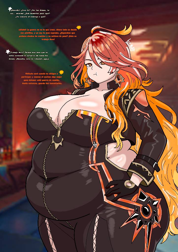 1girls, bbw, belly, big belly, breasts, chubby, chubby female, fat, fat belly, fat female, fat natlan girls, female, female only, female penetrated, genshin impact, ginger, ginger hair, hoyoverse, light skin, light-skinned female, looking at viewer, mavuika (genshin impact), mihoyo, mihoyo technology (shanghai) co. ltd., natlan girls, obese, obese female, orange hair, overweight, overweight female, red hair, solo, ssbbw, standing, thicclilim, thick legs, thick thighs, translation request, zipper