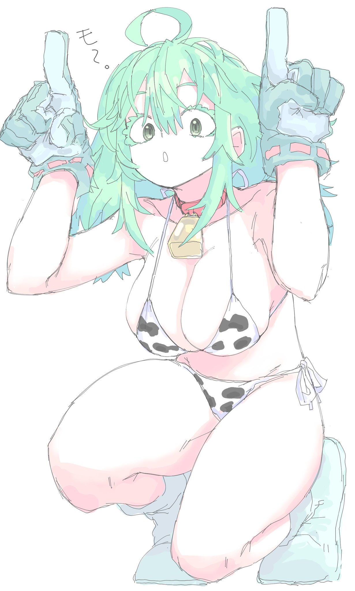 1girls, big breasts, bikini, breasts, cow print, female, green hair, green-haired female, mocaht8, mocamocaink, my hero academia, tagme, thighs, tooru hagakure, tooru hagakure (visible)