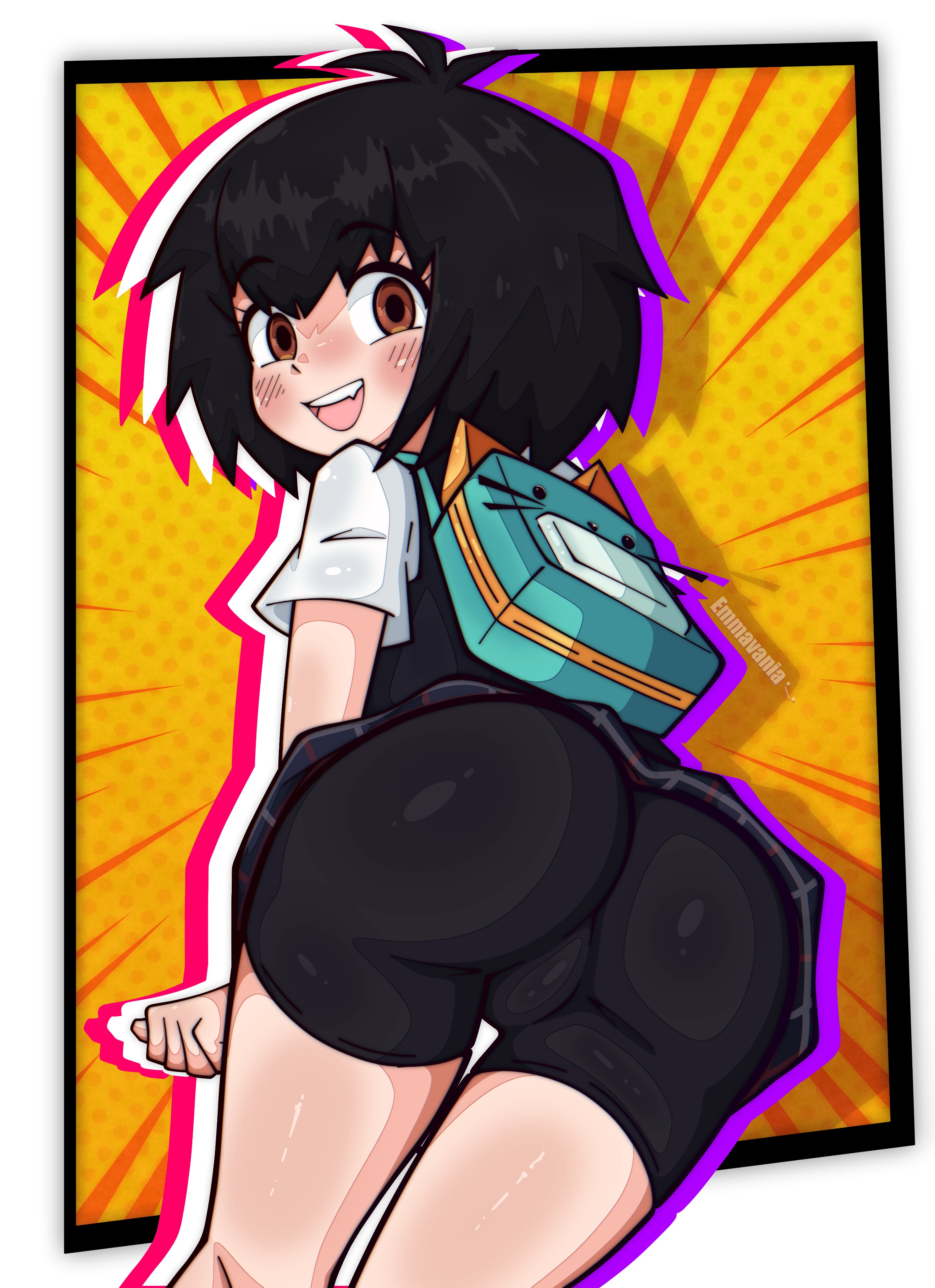 ass focus, back view, backpack, bag, big ass, big breasts, big butt, big thighs, black hair, boo15 emma, breasts, clothing, curvaceous, curvaceous female, curvaceous figure, curvy, curvy figure, curvy hips, emmavania, female, female focus, female only, human, marvel, marvel comics, nonsexual, pale skin, peni parker, short hair, spider-man: across the spider-verse, spider-man: into the spider-verse