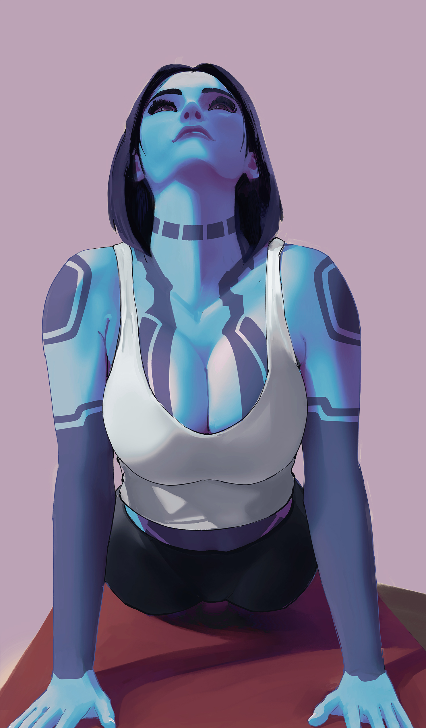 1girls, big breasts, blue body, blue skin, bob cut, breasts, cleavage, cortana, female, halo (series), jafet meza, large breasts, sports bra, stretching, tank top, yoga, yoga pants