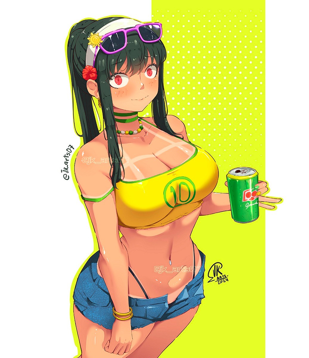 1girls, 2025, anime, anime girl, bikini under clothes, blush, brazilian miku (cosplay), breasts, cosplay, crop top, deviantart, erinartista, female, green nails, holding drink, instagram, jk arts07, looking at viewer, manga, nail polish, navel, off shoulder, red eyes, spy x family, sunglasses on head, tan lines, yellow nails, yor briar