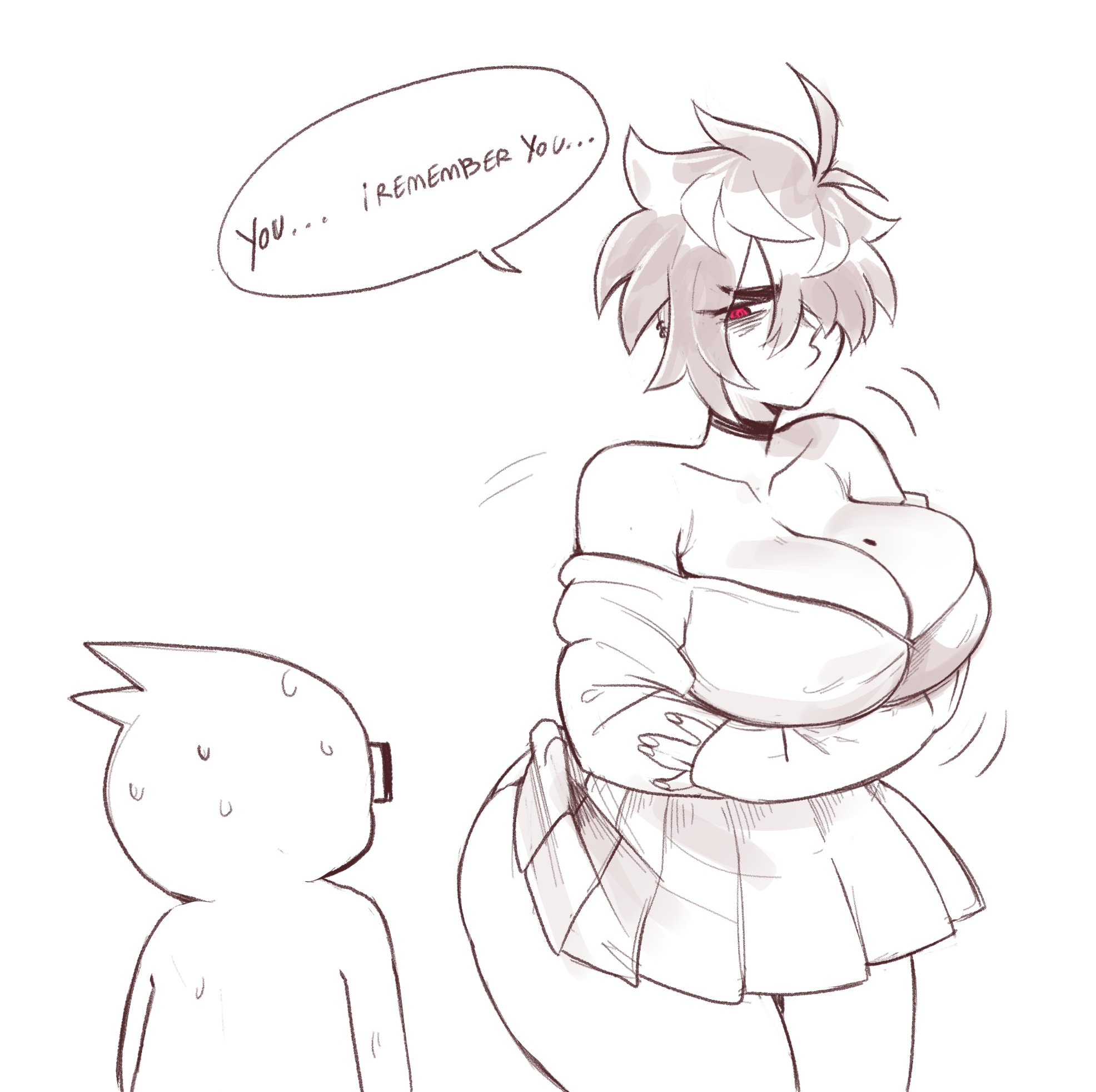 1boy, 1girls, arms crossed, aunt, aunt and nephew, aunt hellen (insouwu), big breasts, breasts, eyebags, female, implied incest, insouwu, male, massive breasts, mature, mature female, mole, mole on breast, n-ronin, nipples visible through clothing, no bra, oc, original character, piercing, red eyes, short hair, sweat, text, thick, thick thighs, tomboy milf