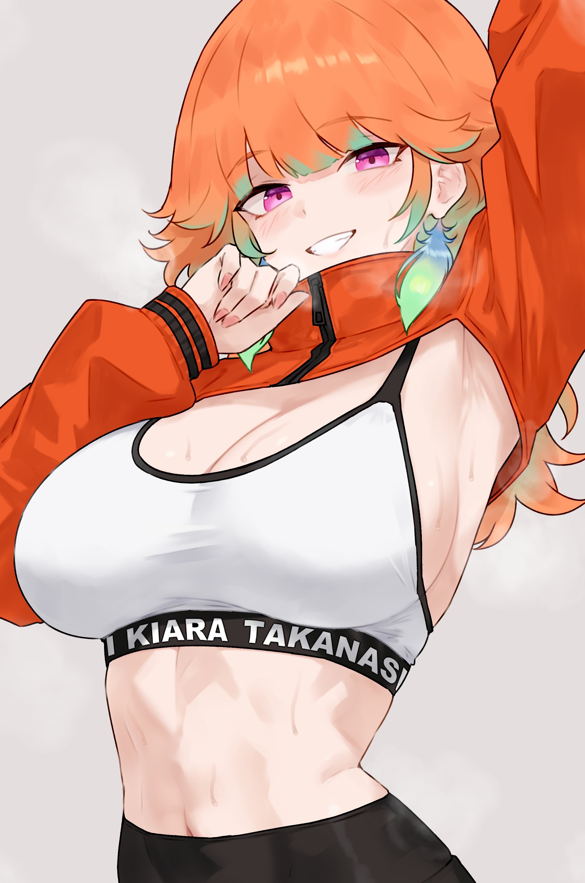 1girls, armpits, arms up, belly, bluefield, breasts, female, gym clothes, hololive, hololive english, hololive myth, jacket, large breasts, orange hair, purple eyes, solo, sports bra, sweat, sweaty, takanashi kiara, tank top, undressing, virtual youtuber, workout clothes