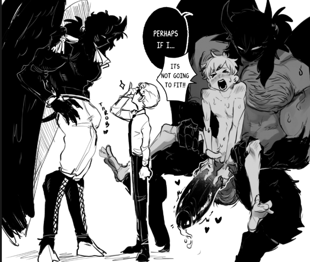 2023, 2boys, big dom small sub, black arms, black hair, black legs, black penis, completely nude, demon, demon boy, demon horns, demon humanoid, demon wings, gay, gay domination, gay male, gay sex, grabbing, grabbing from behind, grabbing legs, hooves, imminent anal, imminent penetration, imminent sex, leg grab, legs, legs apart, legs held open, legs spread, male, muscular, muscular male, no mouth, nude, nude male, oc, original character, original characters, penis, penis out, penis size difference, plucholy, precum, simple background, sitting, sitting on lap, sitting on penis, size difference, too big, twink, twink and daddy, white eyes