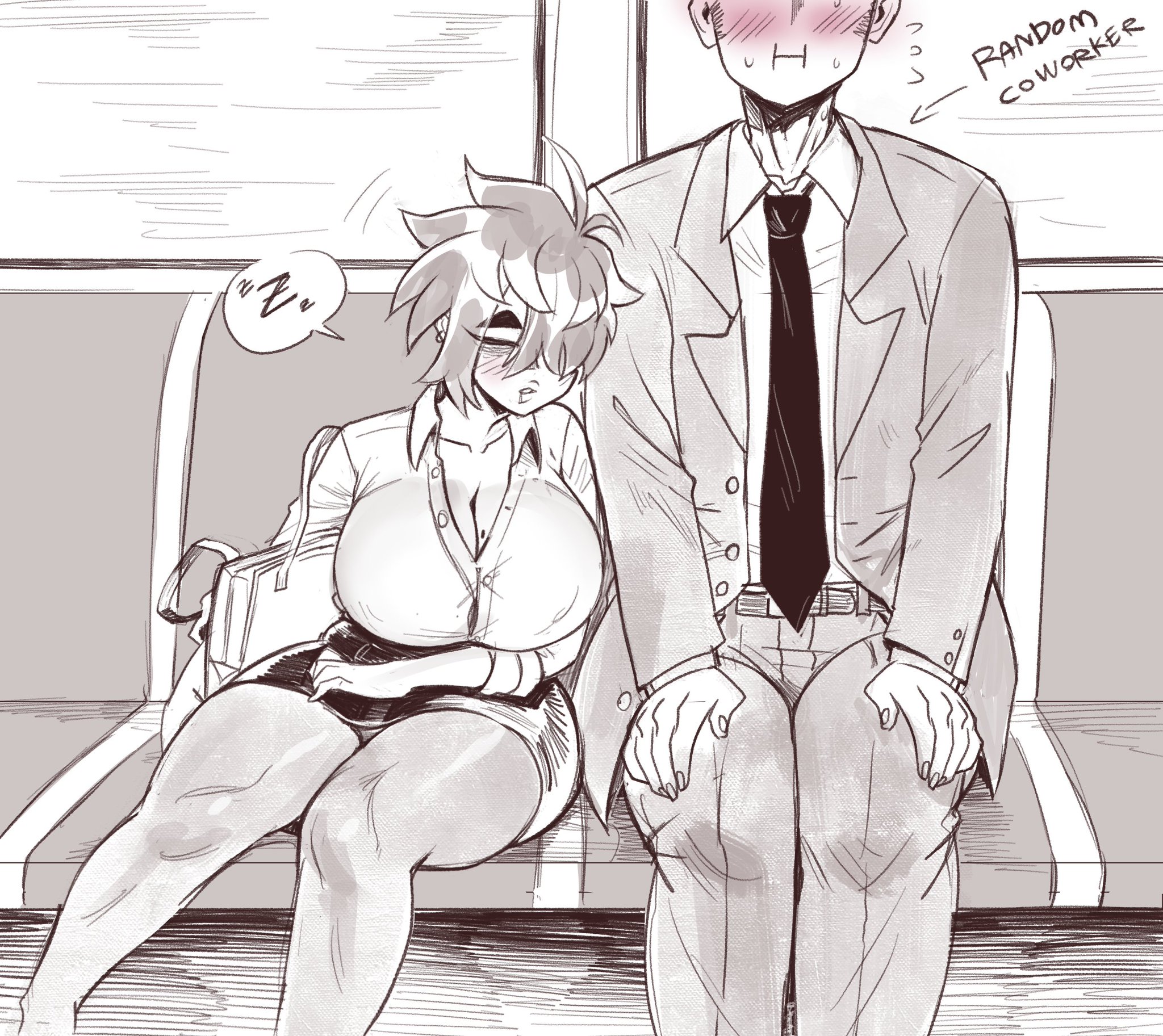 1boy, 1girls, aunt, aunt hellen (insouwu), big breasts, blush, blushing, breasts, coworker (insouwu), ear piercing, eyebags, female, flustered, insouwu, male, massive breasts, mature, mature female, milf, mole, mole on breast, nipples visible through clothing, oc, original character, piercing, shirt, short hair, skirt, text, thick, thick thighs, thighhighs, tomboy milf, uniform, work uniform