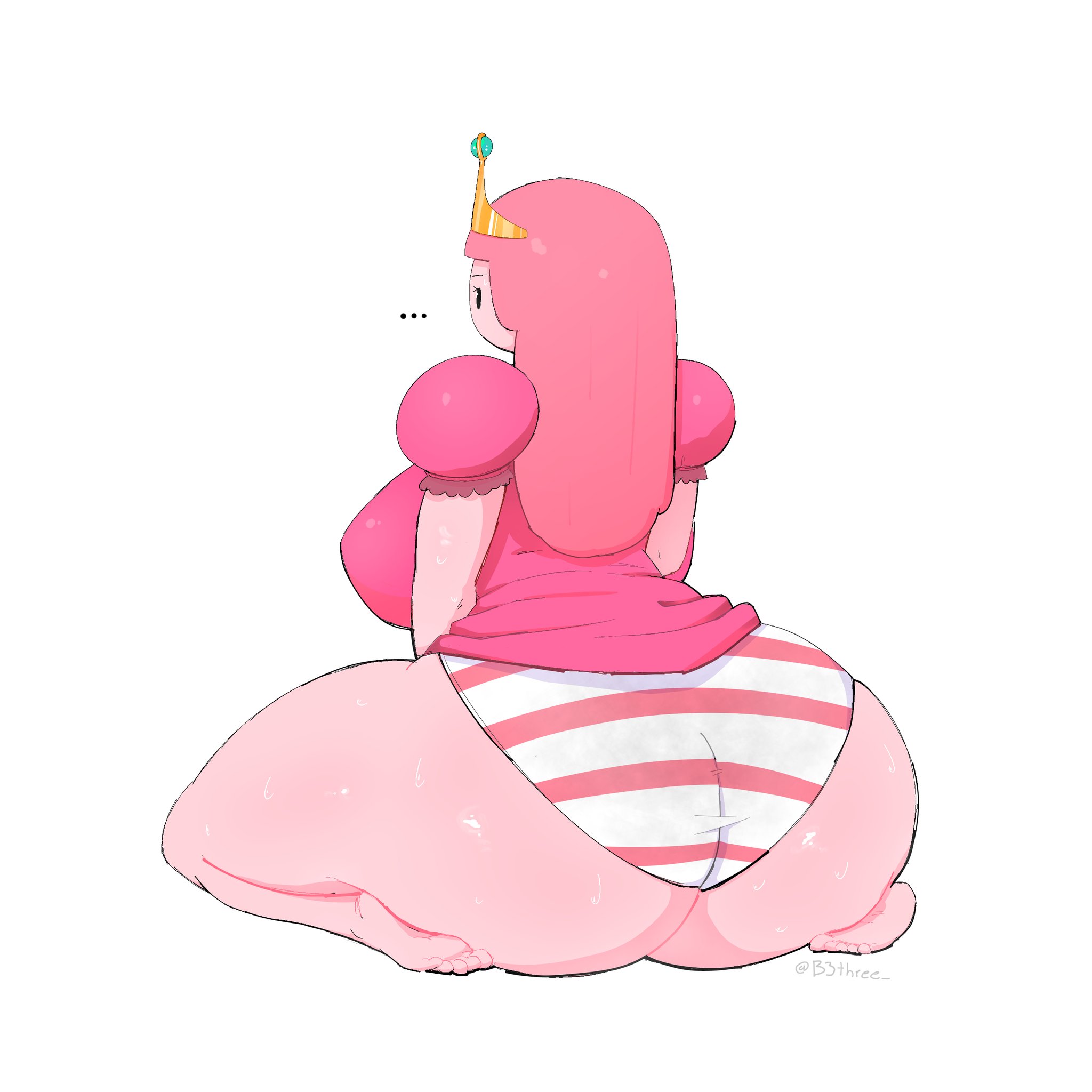 adventure time, ass, b3three, back view, big ass, big breasts, big butt, big thighs, big titties, breasts, clothing, curvaceous, curvaceous female, curvaceous figure, curvy, curvy figure, curvy hips, feet, female, female focus, female only, panties, pink body, pink hair, pink skin, princess bubblegum, shimapan, striped panties, underwear