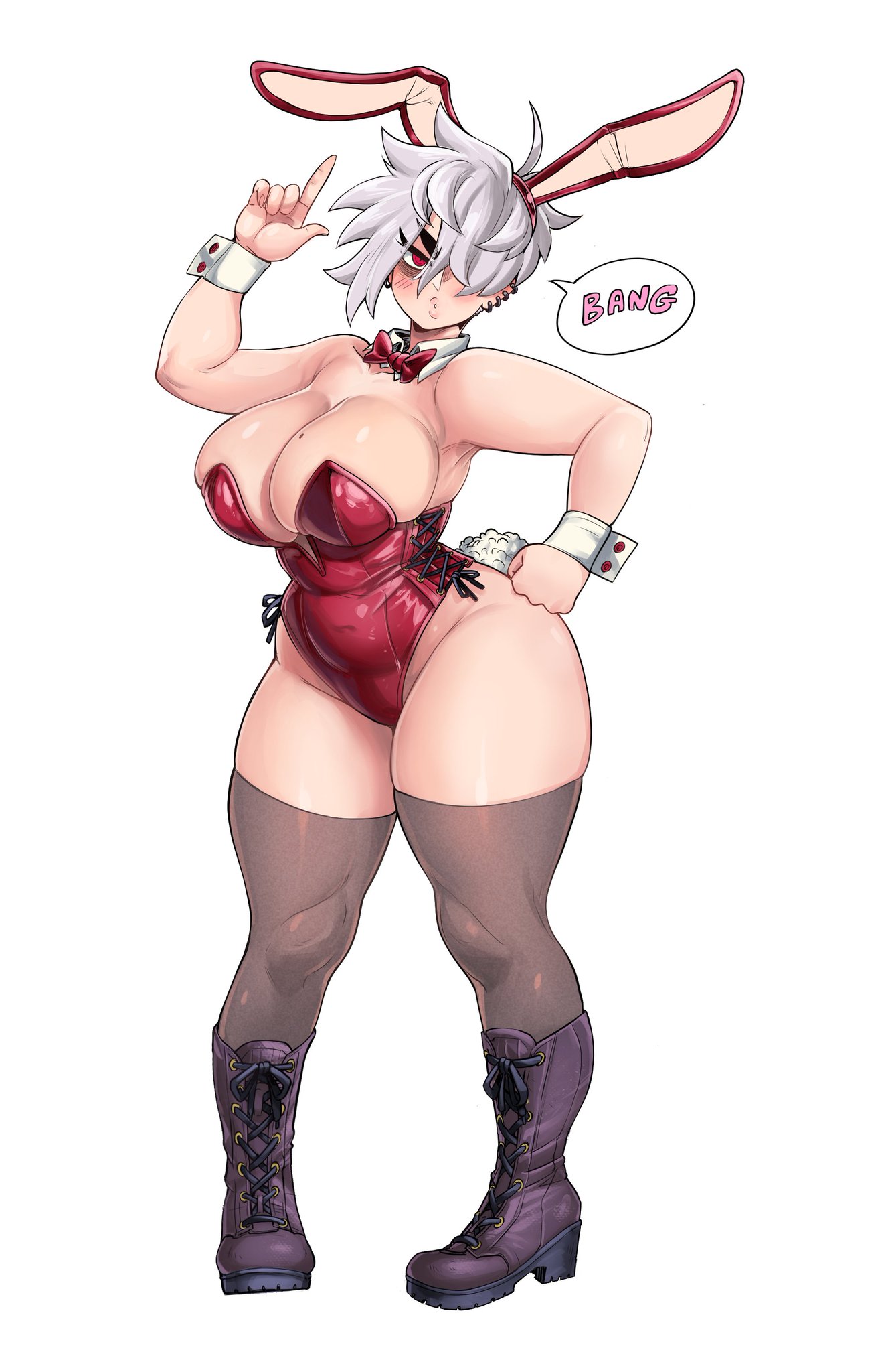 1girls, aunt, aunt hellen (insouwu), belly, big breasts, boots, breasts, bunny ears, bunny girl, bunny tail, bunnysuit, child bearing hips, chubby, chubby female, ear piercing, eyebags, female, female only, full body, insouwu, leotard, massive breasts, mature, mature female, milf, mole, mole on breast, no bra, no panties, oc, original character, piercing, pose, posing, red eyes, short hair, solo, text, thick hips, thick legs, thick thighs, thighhighs, thighs, tomboy milf, white hair