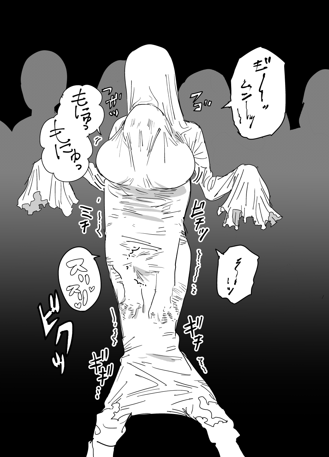 absorption, bedsheet ghost, black and white, breasts, female, floating, ghost, ghost girl, hourglass figure, huge breasts, japanese text, mado (mukade tou), monochrome, mtf transformation, possession, tagme, transformation