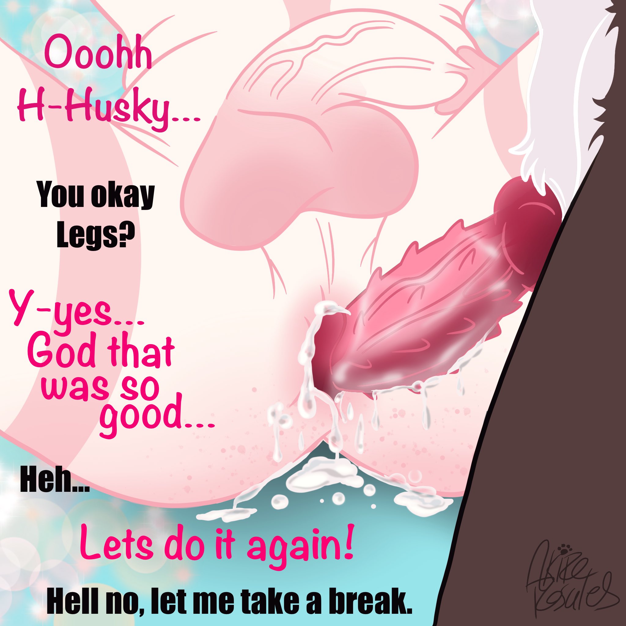 2boys, anal, anal sex, angel dust (hazbin hotel), animal genitalia, animal penis, artist request, artist signature, ass, balls, big ass, consensual, cum, cum in ass, cum inside, cum on body, dialogue, english text, gay, hazbin hotel, husk (hazbin hotel), male, naked, naked male, nude, nude male, partial male, penis, speech, spread legs, tagme, text, thick thighs, thighs, yaoi
