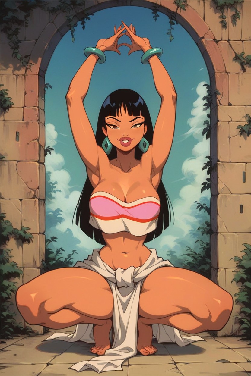 ai generated, armpits, black hair, bracelets, breasts, brown eyes, chel, chel (the road to el dorado), clothed female, dark hair, dark skin, dark-skinned female, daytime, earrings, faprunner78, feet, female, female only, fringe, full lips, hands above head, hips, long hair, looking at viewer, medium breasts, natural breasts, outdoors, seductive, seductive look, slim female, slim waist, smiling, squatting, the road to el dorado, thick thighs, thighs, toes, tribal clothing, waist, wide hips