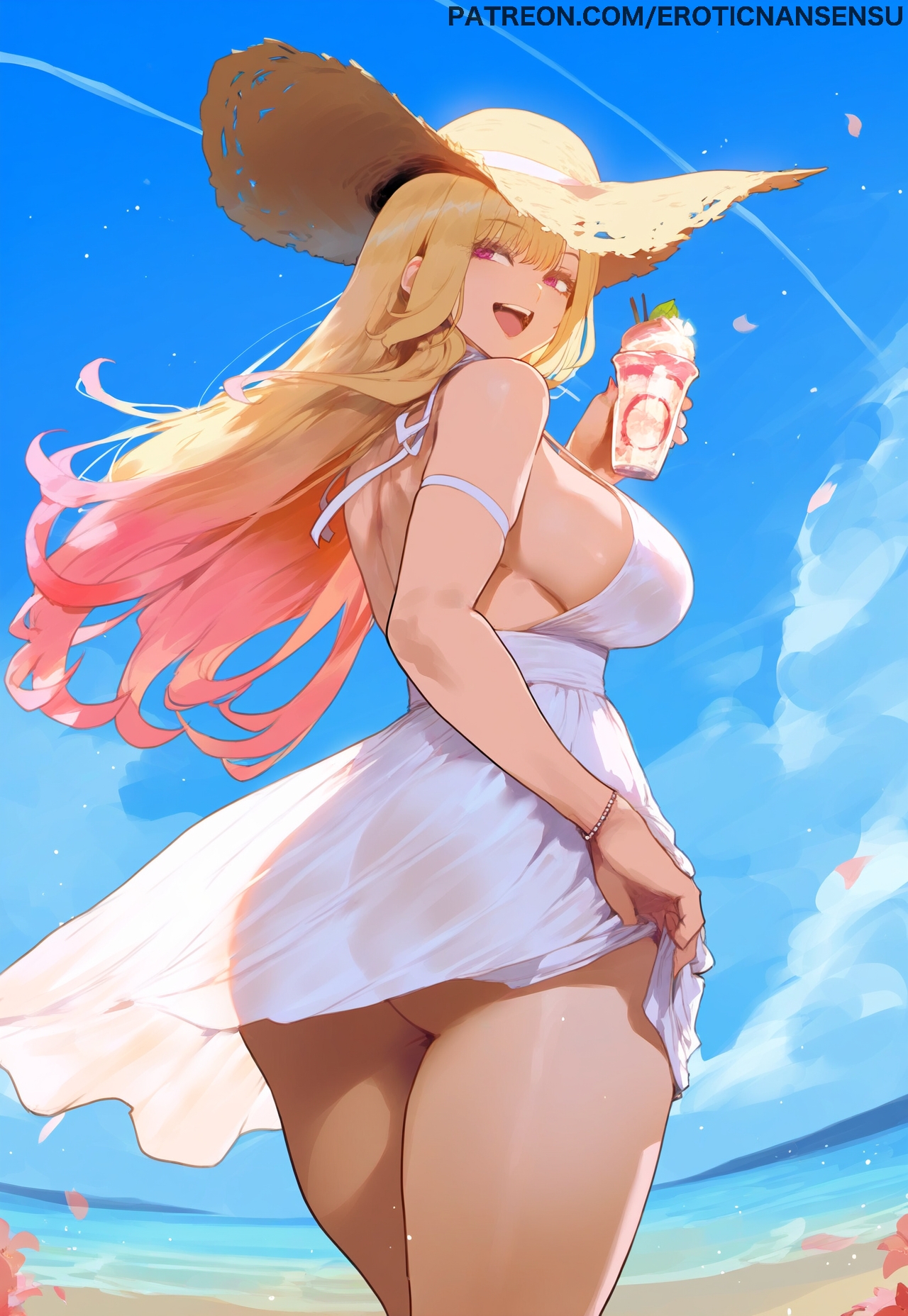 1girls, 2d, 2d (artwork), ai assisted, ai generated, ass, ass focus, ass peek, beach, blonde female, blonde hair, blonde-haired female, bracelet, breasts, clothed, clothed female, color, dress, drink, erotic nansensu, female, female focus, female only, happy, kitagawa marin, large breasts, looking back, no sex, no sex (yet), outdoors, patreon, patreon username, pink eyes, pink highlights, pink nail polish, pink nails, see-through, see-through clothing, see-through dress, smile, smiling, sono bisque doll wa koi wo suru, summer dress, sun hat, voluptuous, voluptuous female, white dress