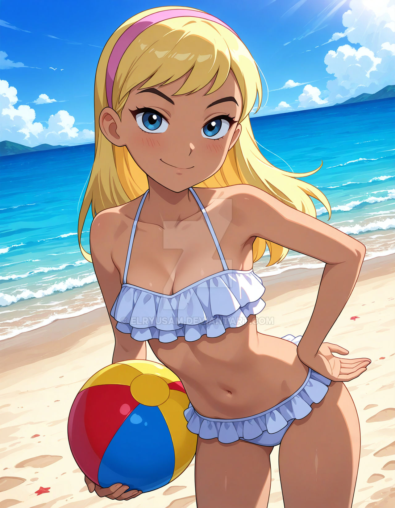 2025, ai generated, beach background, belly, black dot eyes, black eyebrows, blonde female, blonde hair female, blue eye, cartoon network, closed mouth smile, deviantart, elryusam, female, female only, hand on hip, holding beachball, kitten (teen titans), looking at viewer, pink hairband, red blush, smile at viewer, smiling at viewer, solo, teen titans, tummy, warner bros. animation, white bikini