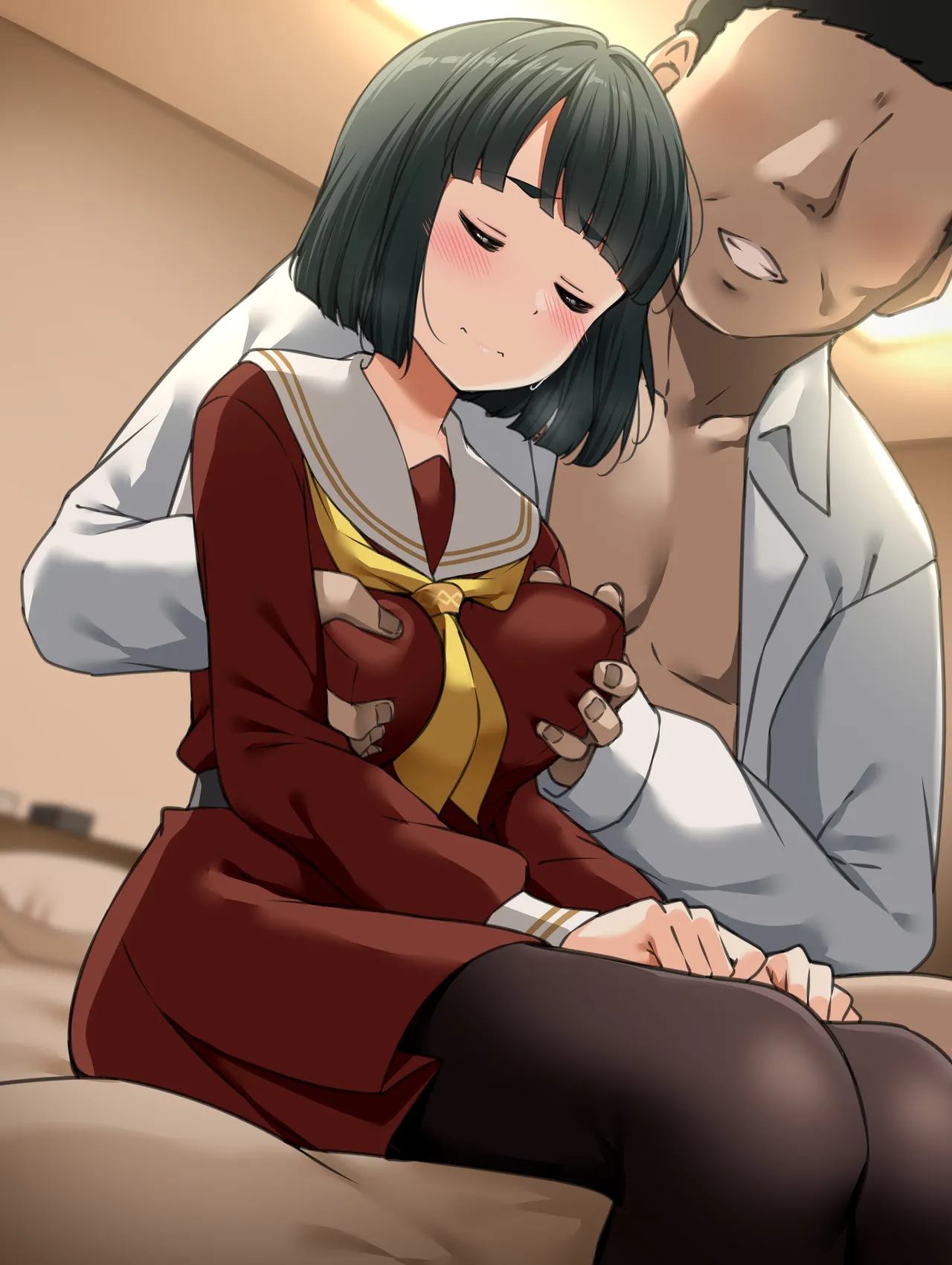 1girls, age difference, breast grab, breasts, female, grabbing from behind, hesitant, hotel room, imminent sex, link! like! love live!, love live!, male, medium breasts, middle aged man, molestation, momose ginko, old male, older male, older male and younger female, on bed, prostitution, school uniform, schoolgirl, surprised, tagme, teenage female, tricked into sex, unconsentual prostitution, virtual youtuber, yopparai oni, younger female