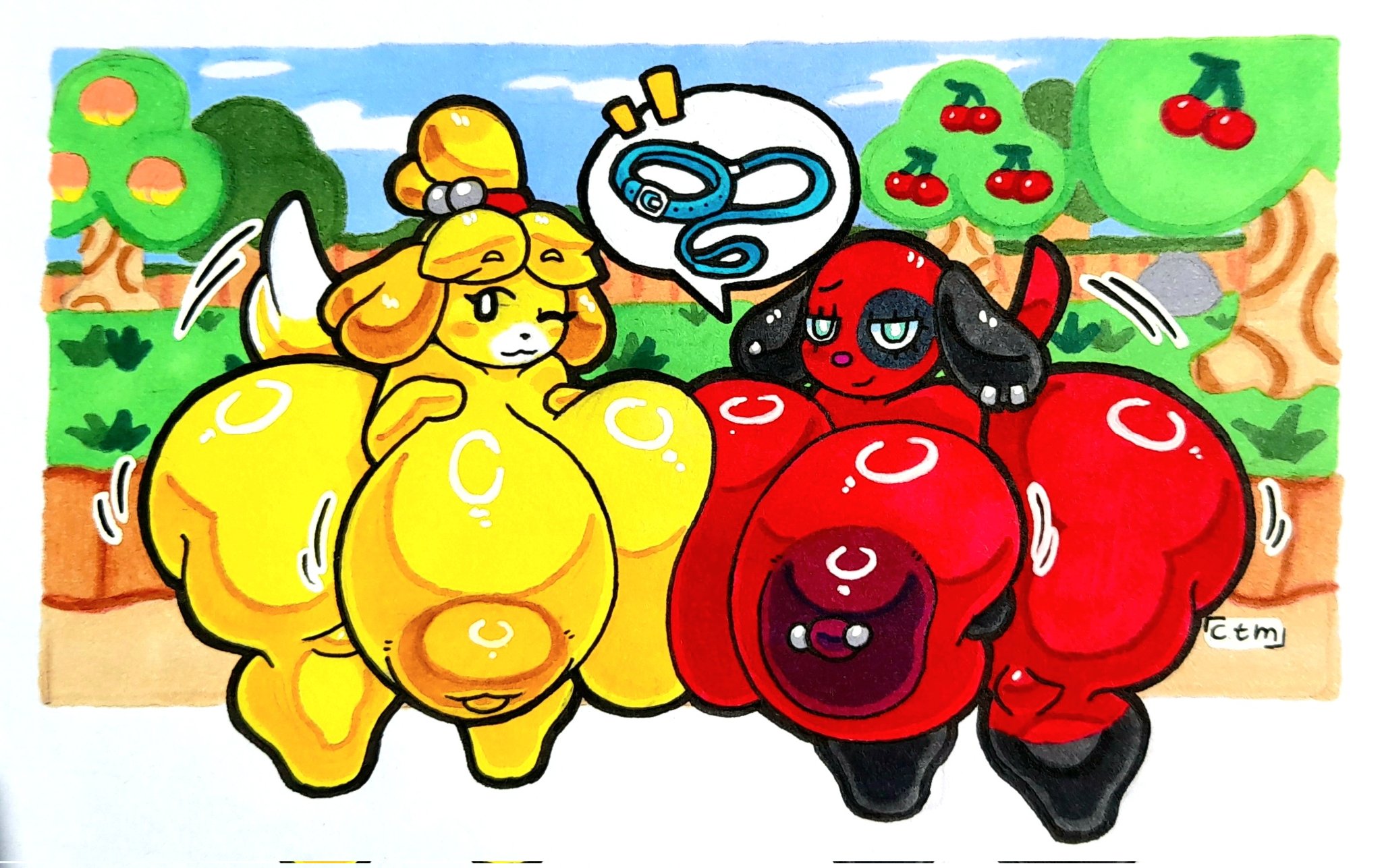 2girls, animal crossing, anthro, breasts, canid, canine, canis, cherry (animal crossing), domestic dog, female, hollow shine, huge ass, huge breasts, isabelle (animal crossing), mr.ctm, shiny ass, shiny breasts, shiny skin, tagme