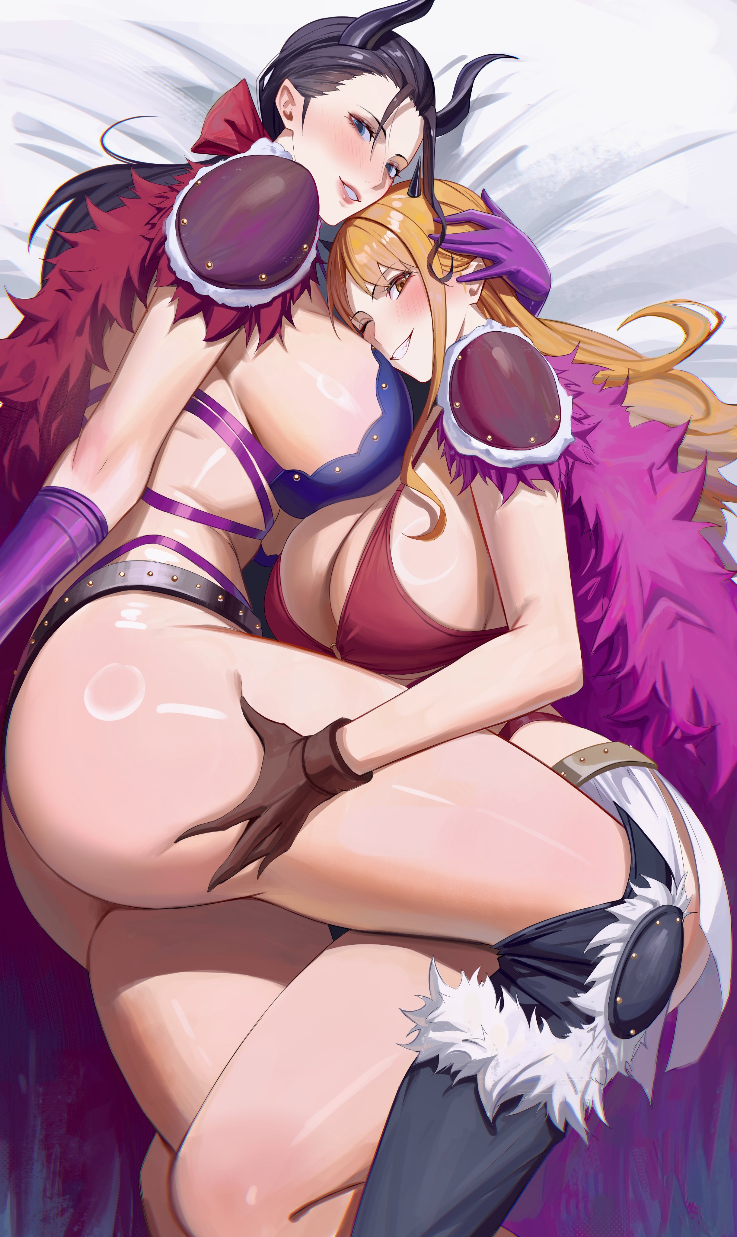 2girls, ass, beast pirates (cosplay), bed, big ass, big breasts, big butt, big hips, big thighs, bikini, black hair, black-haired female, blue eyes, breasts, female, female only, grabbing, grabbing thighs, hips, huge ass, huge boobs, huge breasts, huge butt, huge hips, huge thighs, long hair, massive ass, massive boobs, massive breasts, massive butt, massive hips, massive thighs, massive tits, miniskirt, nami (one piece), nico robin, one piece, orange eyes, orange hair, orange-haired female, rasipan, thick thighs, thighhighs, thighs, voluptuous, voluptuous body, voluptuous female, wide hips, wide thighs