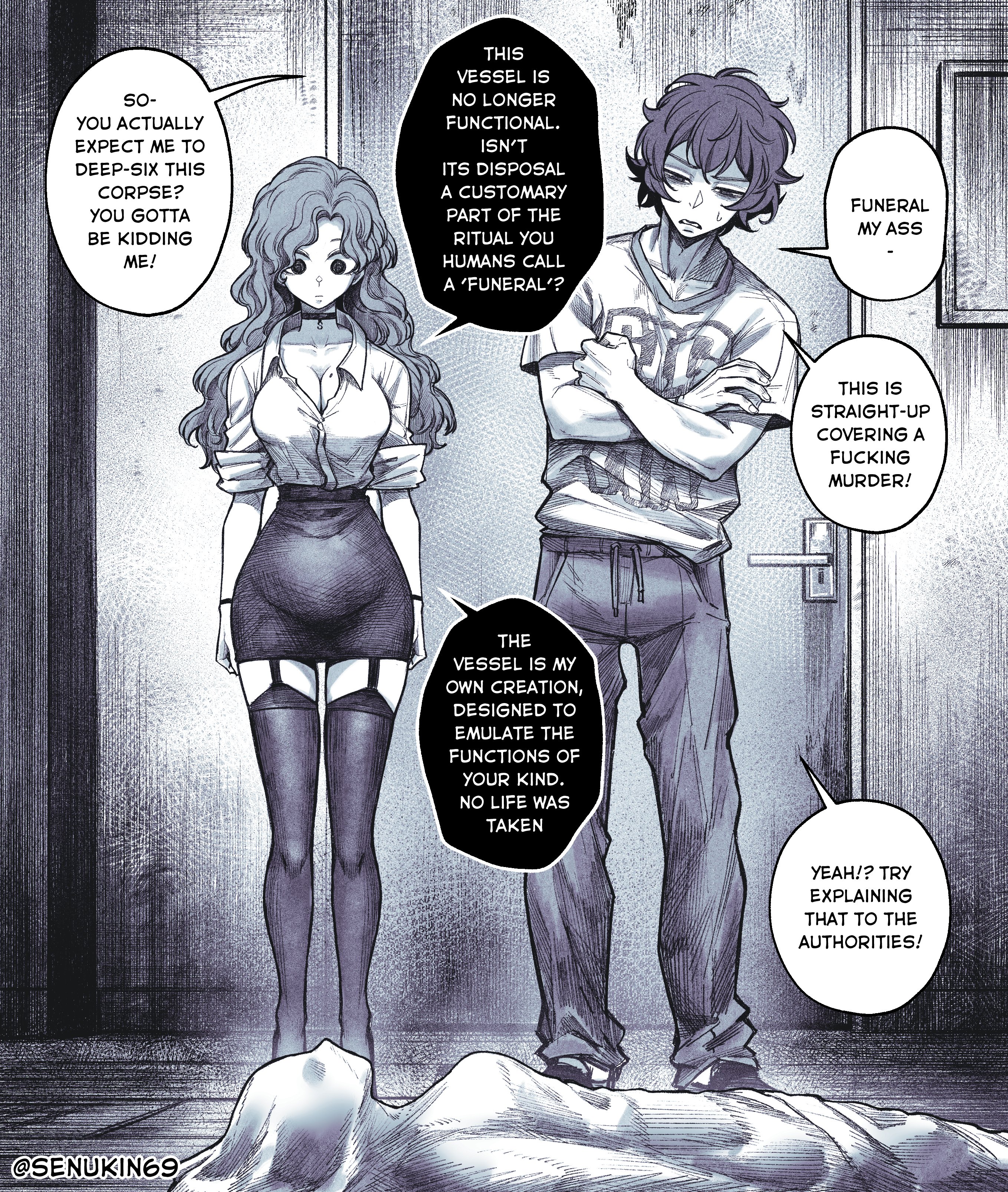 1boy, 1girls, anime style, breasts, corpse, curvy, dialogue, duo, duoc, eldritch being, female, garter belt, huge thighs, indoors, large breasts, long hair, male, messy hair, monochrome, murder discussion, original, orpse, sci fi, senukin (artist), shading, shirt tucked in, short skirt, stockings, text bubble, thick thighs, tight clothes, tight dress