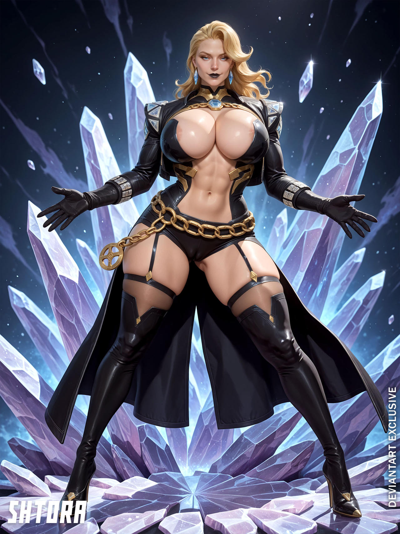 abs, ai generated, ass, big ass, big breasts, black lipstick, blonde female, blonde hair, boots, breasts, emma frost, emma frost (marvel rivals), emma frost (x-revolution), female, female only, huge breasts, large ass, large breasts, lipstick, marvel, marvel comics, marvel rivals, shtora, solo female, thick legs, thick thighs, wide hips