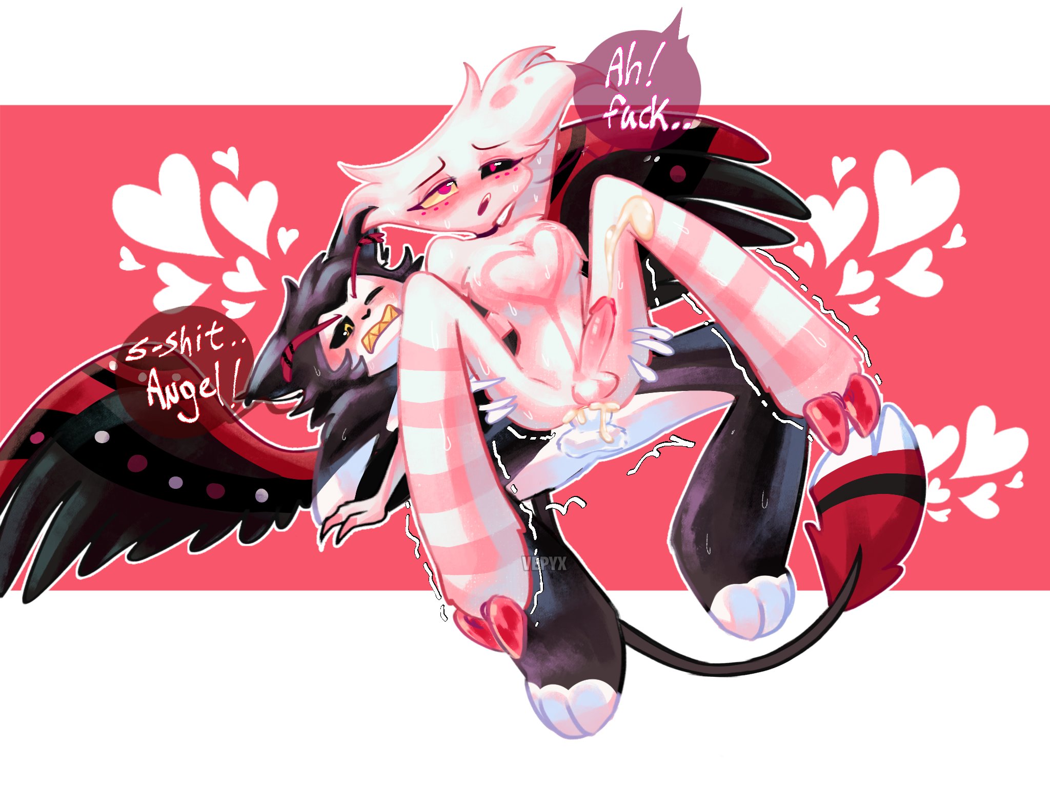 2boys, angel dust (hazbin hotel), ass, big ass, cum, cum in ass, cum inside, dialogue, erect penis, erection, hazbin hotel, heart, husk (hazbin hotel), male, open mouth, penis, speech, speech bubble, tagme, thick thighs, thighs, yaoi