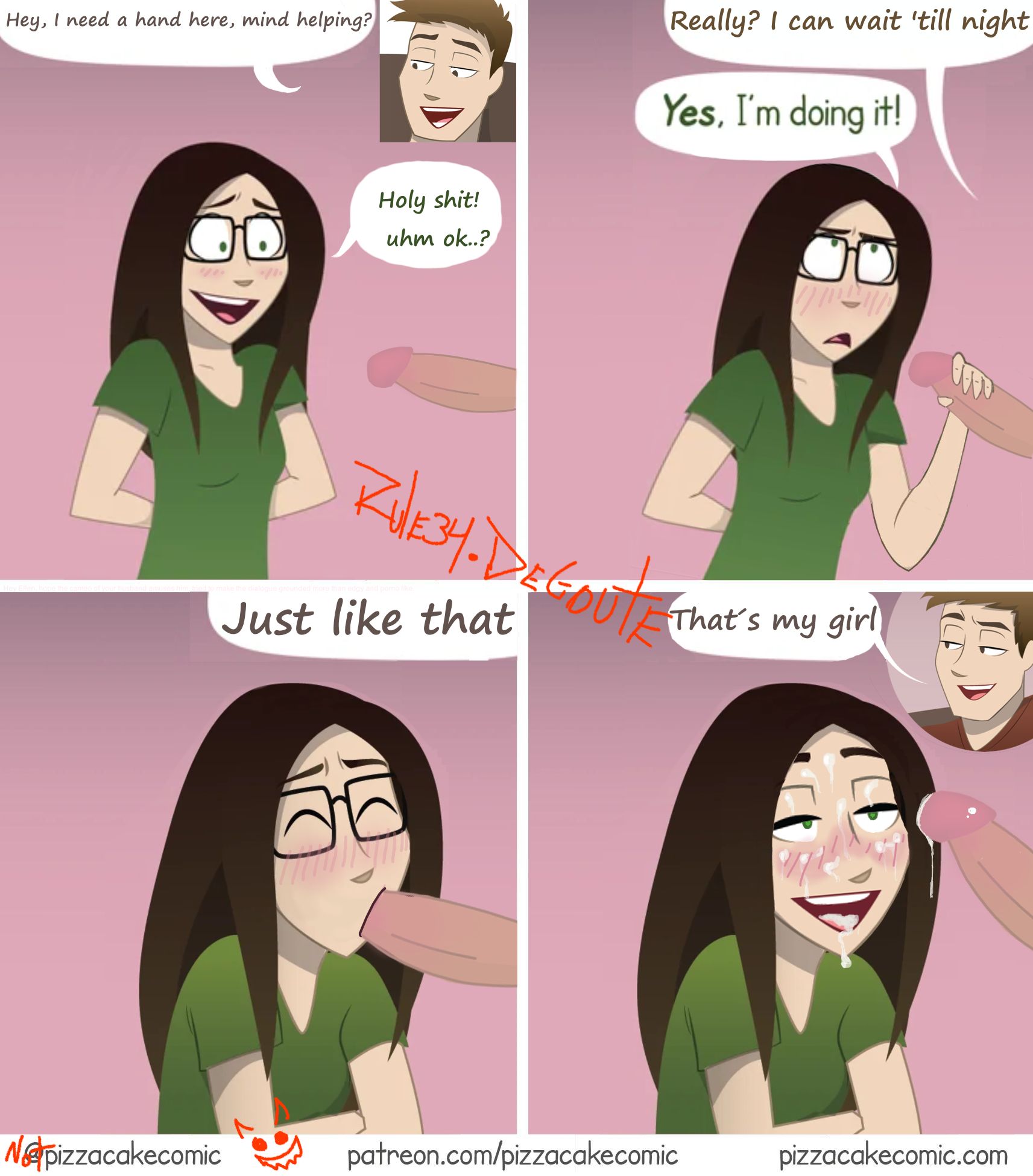 1boy, 1girls, accurate art style, brown hair, clothed, clothed female, comic, cum, cum in mouth, cum on face, degoute (artist), ellen (pizzacakecomics), erect, fellatio, female, glasses, green eyes, handjob, horny, horny female, jeff (pizzacakecomics), male, oral sex, parody, penis, pizzacakecomics, webcomic