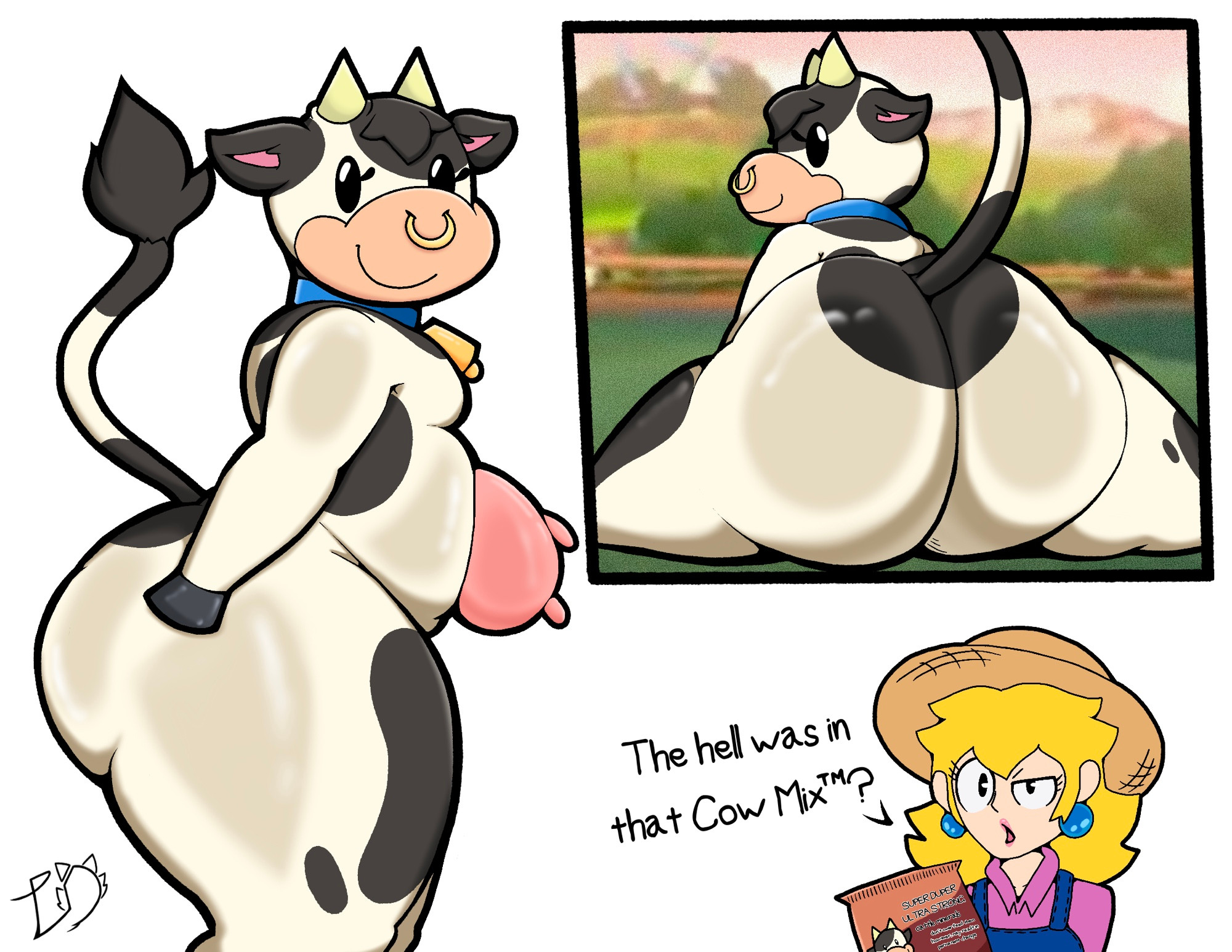 ass, big ass, big breasts, breasts, bubble ass, bubble butt, cow (mario), female, furry, huge ass, huge breasts, lewdewott, mario (series), mario kart, mario kart world, moo moo (mario), moo moo meadows cow, nintendo, official alternate costume, princess peach, princess peach (farmer), tagme, thick thighs, wide hips