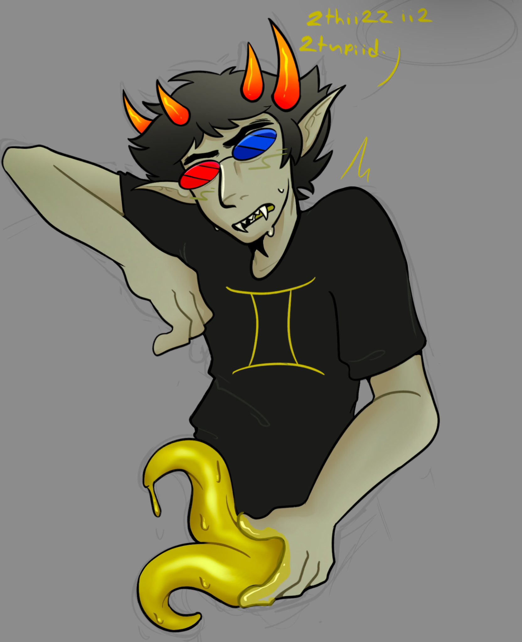 1boy, 3d glasses, alien, alien humanoid, allieoool, black hair, bottomless, color, colored, colored skin, diphallia, diphallism, glasses, grey skin, headgear, headwear, homestuck, homestuck troll, horn, horns, humanoid, long ears, male, male focus, male only, multi genitalia, multi penis, partially clothed, partially clothed male, penis, shades, sharp ears, shirt, shirt only, short hair, short-haired male, sollux captor, solluxander captor, solo, solo male, sunglasses, t-shirt, tentabulge, tentacle penis, troll, tshirt