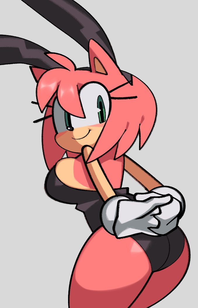 1girls amy_rose ass bunny_ears bunny_girl bunnysuit female fiinel gloves green_eyes grey_background hands_behind_back leotard looking_at_viewer looking_back pink_fur sega solo sonic_(series) sonic_the_hedgehog_(series) tagme