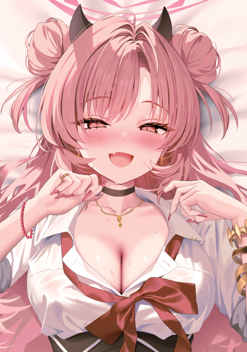 1girls bead_bracelet beads black_choker black_horns blue_archive blush bow bowtie bracelet breasts choker collarbone commentary_request demon_girl demon_horns double_bun fingernails hair_bun halo highres horns jewelry kirara_(blue_archive) large_breasts long_fingernails long_hair looking_at_viewer loose_bowtie lying mintice_(asatsukimint) nail_polish necklace nose_blush on_back open_mouth parted_bangs pink_eyes pink_hair pink_halo red_bow red_bowtie red_nails shirt smile solo upper_body white_shirt