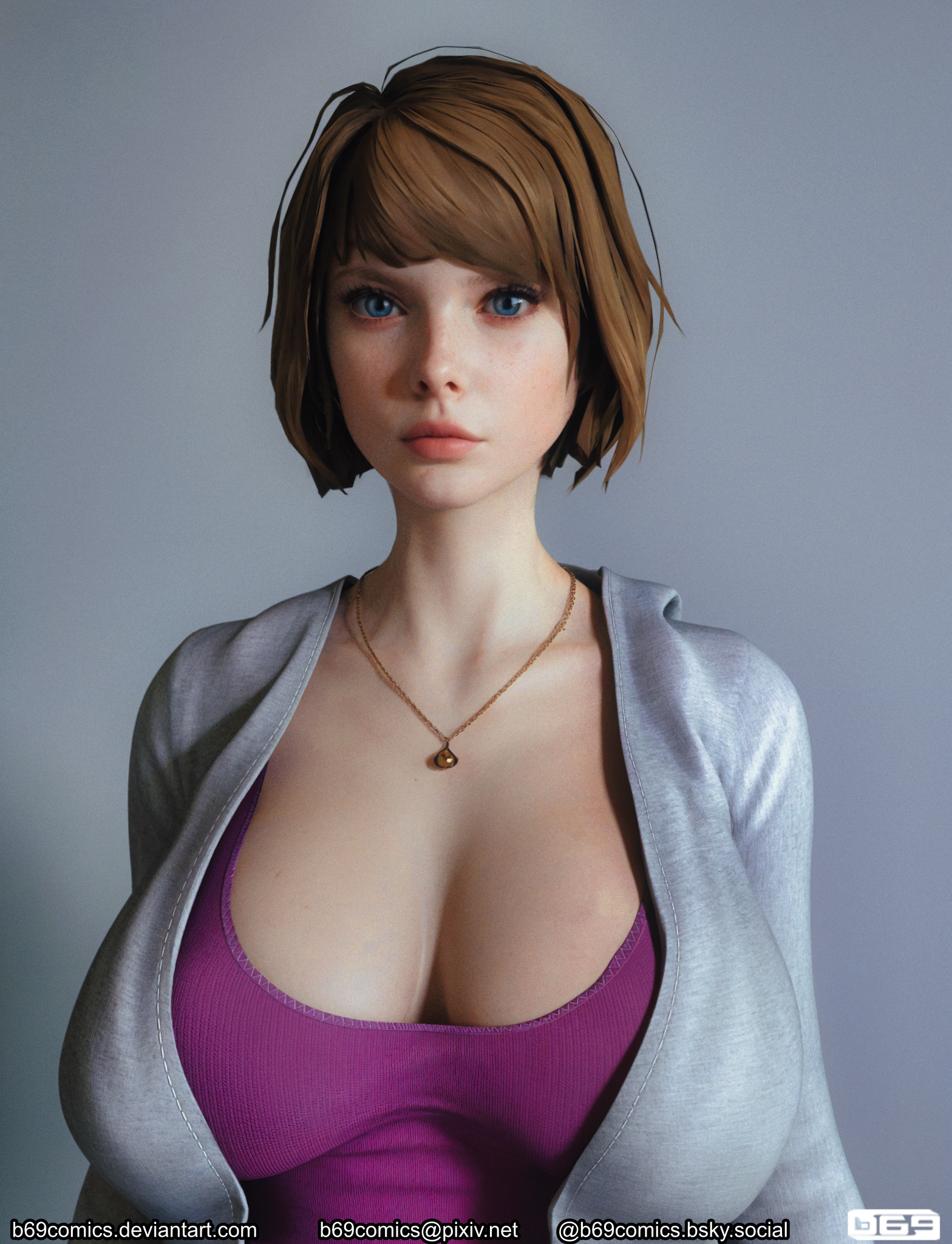 3d, alternate breast size, b69, blue eyes, bob cut, breasts, brown hair, busty female, cleavage, female, freckles, freckles on face, life is strange, light skin, light-skinned female, max caulfield, white female