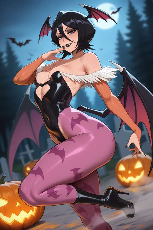 1girls, ai generated, bats, black hair, black lipstick, black nails, bleach, bleach: the thousand-year blood war, breasts, eyeshadow, female, female only, hair, halloween, halloween costume, halloween pumpkin, halloween theme, kuchiki rukia, light skin, light-skinned female, lipstick, medium breasts, nail polish, pumpkin, purple hair, short hair, solo, solo female, waifuinvoker, wings, wings on head