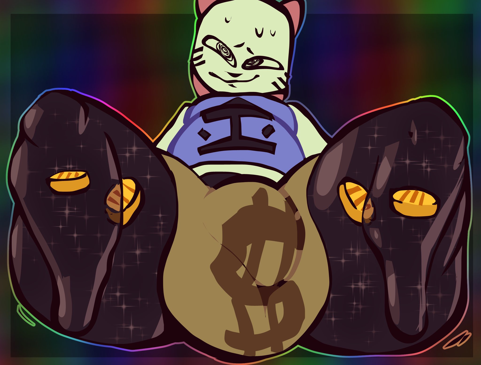 1boy, 2025, anthro, anthro only, balls, big balls, black body, bulge, coins, dream bbq, ena (series), feline, furry, glistening, glistening body, jiggle, jiggling ass, kane (dream bbq), kane (ena), large thighs, lazy logan404, male, motion lines, solo, solo focus, solo male, sparkles, sweat, sweating, tagme, thick thighs, wobbling ass